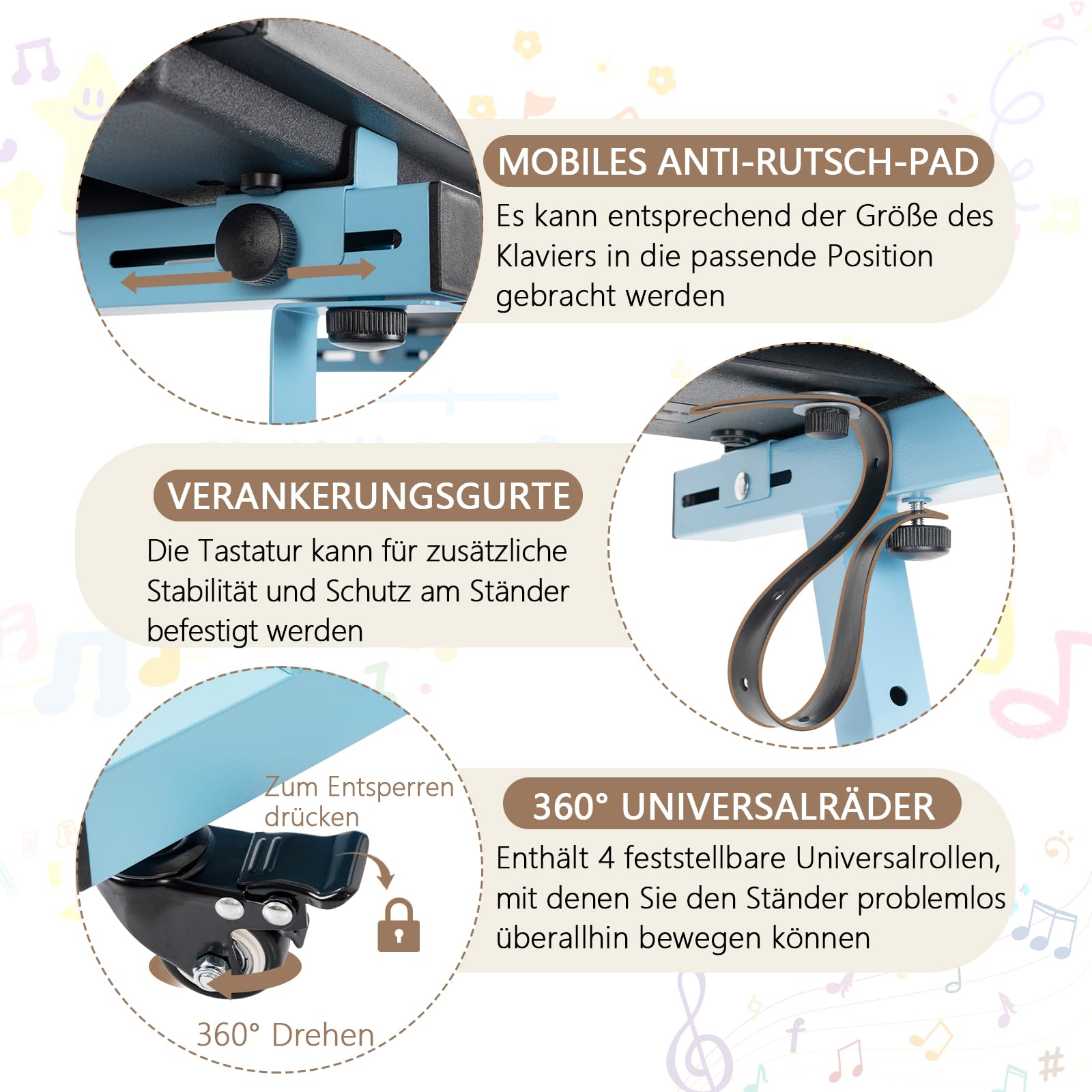 OUUTMEE Soporte para teclado, ruedas, soporte para teclado, forma de Z, ajustable, con riel deslizante, fácil de usar (azul Z)