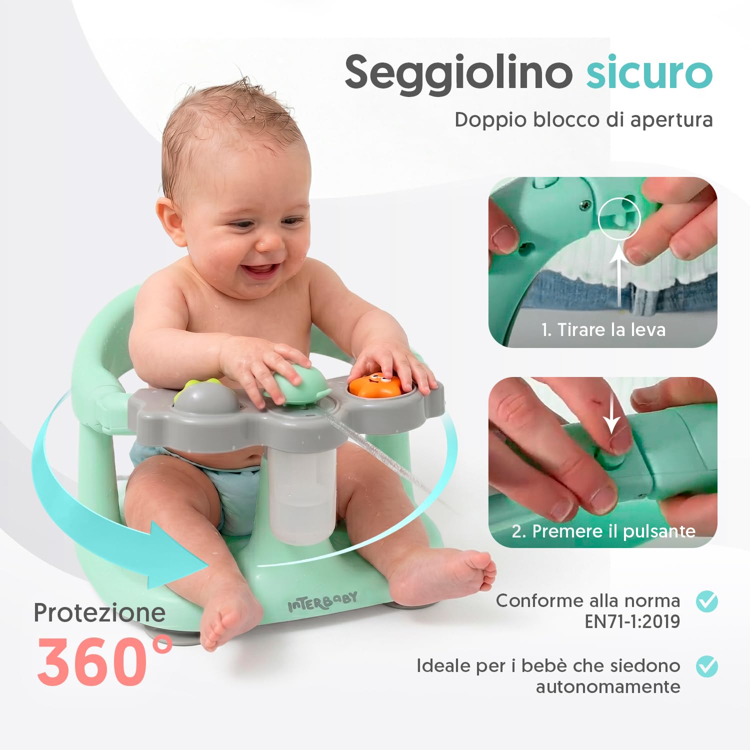 Interbaby Seggiolino da Bagno Bambino Antiscivolo con Ventose | Seggiolino Vasca e Doccia Sicuro ed Ergonomico | Sedia Bagnetto Neonato 6-24 Mesi | Seggiolino Bagno Stabile e Confortevole (Verde)