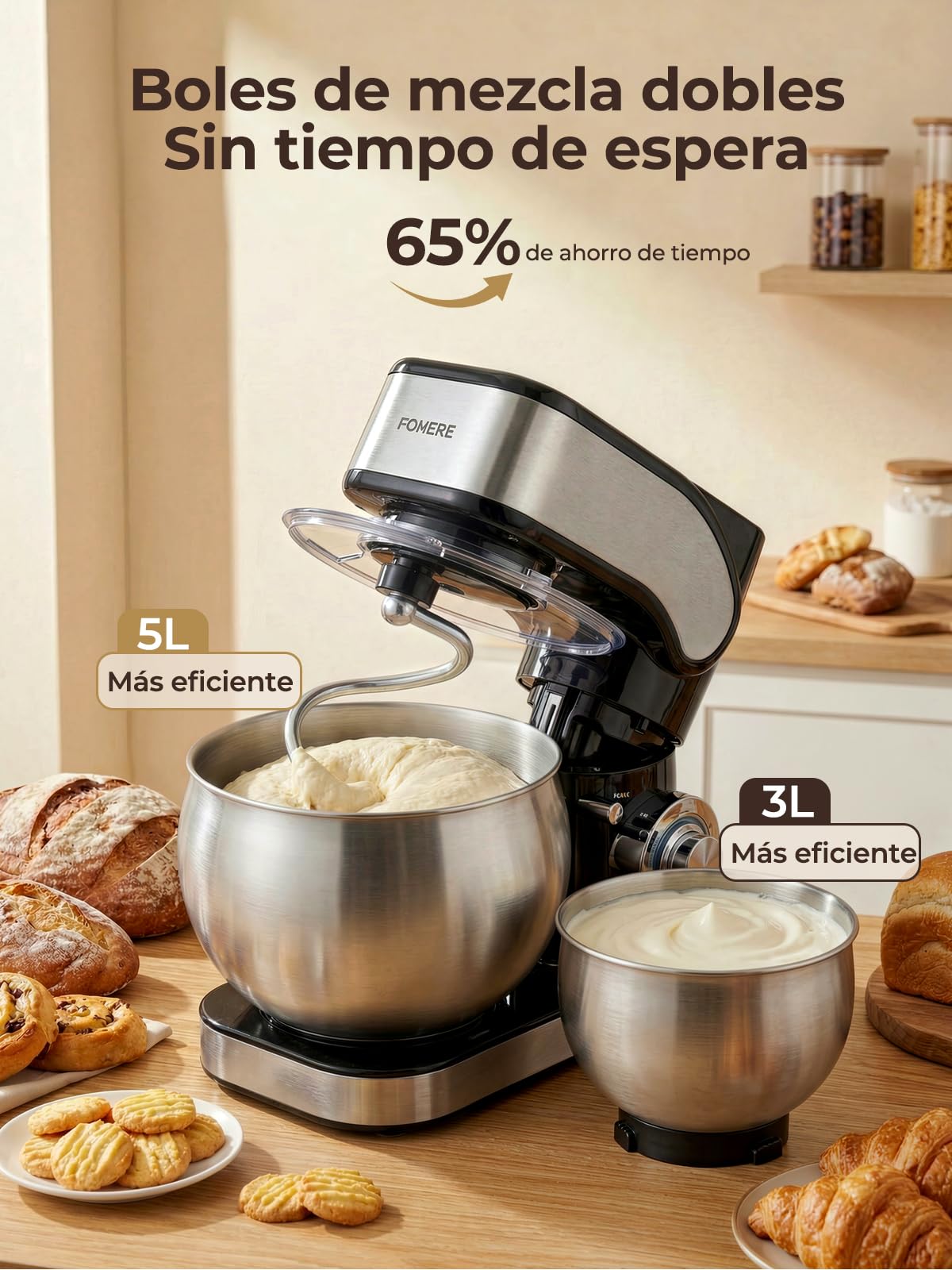 Batidora Amasadora con 5L + 3L Doble Bol de Acero Inoxidable | Gancho de Amasar Reforzado,Amasadora de Pan Amasadora Repostería 1300W, Pizza, Bollos y Repostería Casera