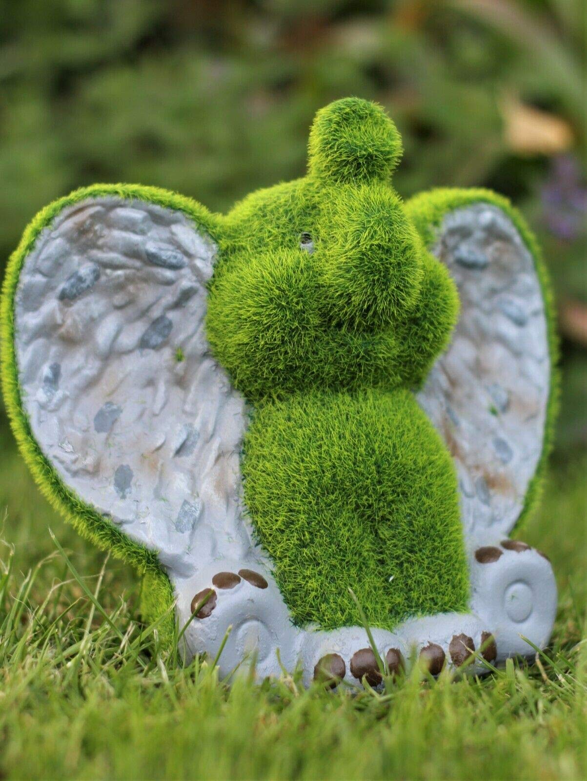 Hh Home Hut Green Elephant Garden Ornament Animal Flocked Grass Stone Effect Green Decorative Outdoor Figure Free Standing Statue Figurine (Elephant Dumbo)