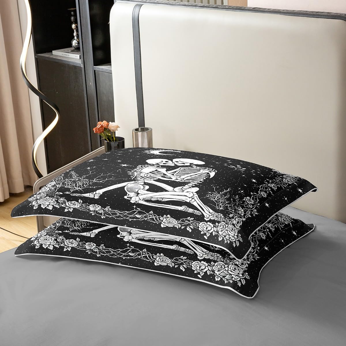 Homewish Sugar Skull King Size Zestawy Pościeli Czarny Goth Szkielet Bawełniana Poszwa Na Kołdrę Boho Kwiatowa Poszwa Na Kołdrę Gotycki Zestaw Łóżek