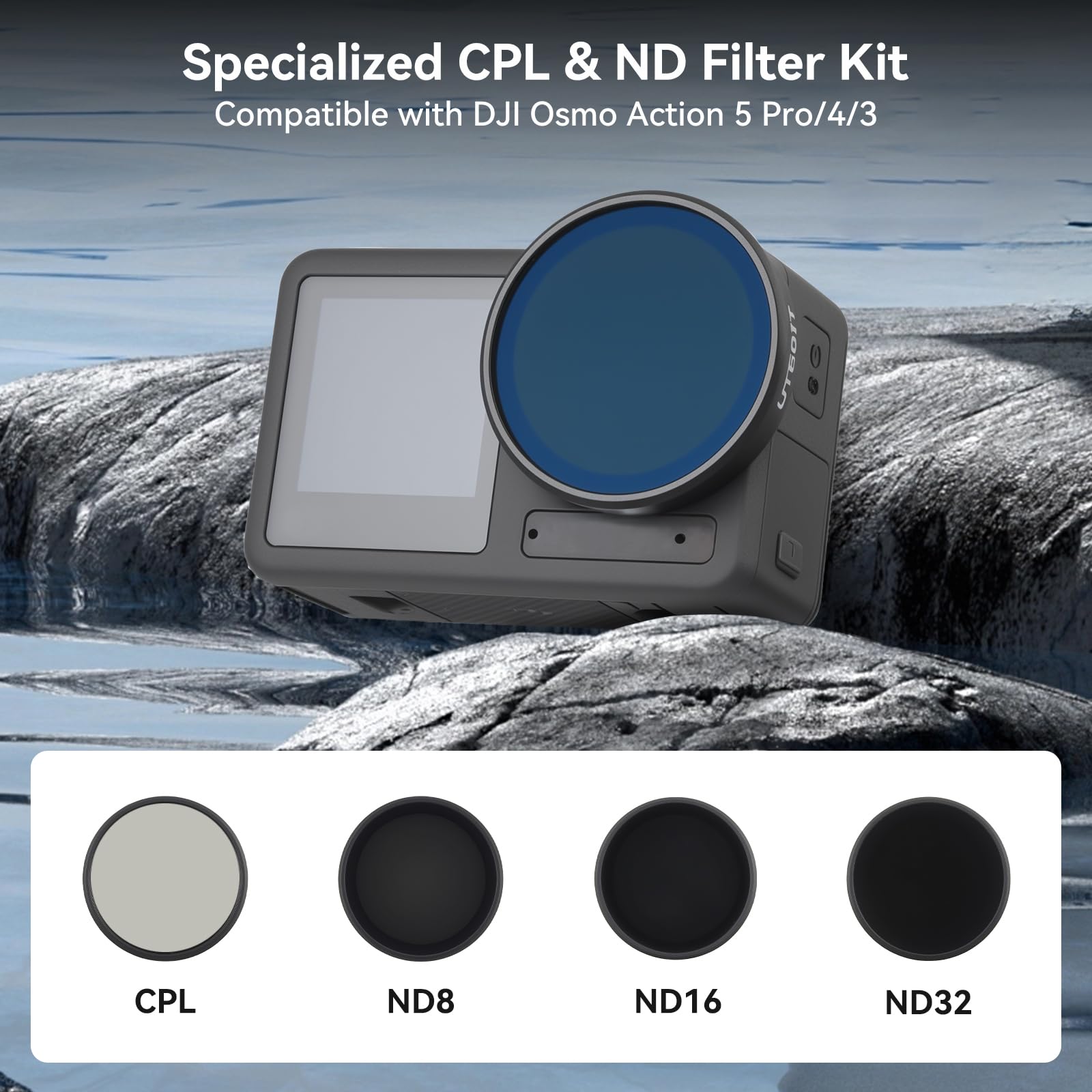 UTEBIT Kit de Filtres Compatible avec DJI Osmo Action 5 Pro/4/3, Lot de 4 ND8 ND16 ND32 CPL Filtres Polarisants à Densité Neutre Accessoire Caméra Action, Verre Optique HD Multicouche