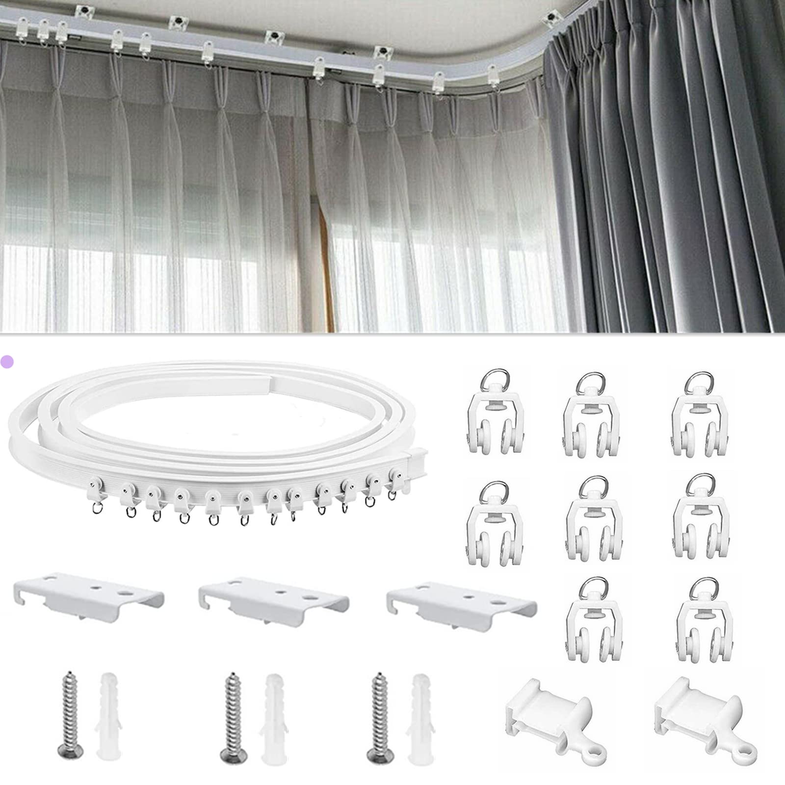 TOPWA 1 Meter Flexible Plastic PVC Curtain Track Runner Rail Wall Ceiling Mounted Fixing Hooks Shower Curtains Room Divider with Instruction Mounting Accessories Include White (Top Clamping)