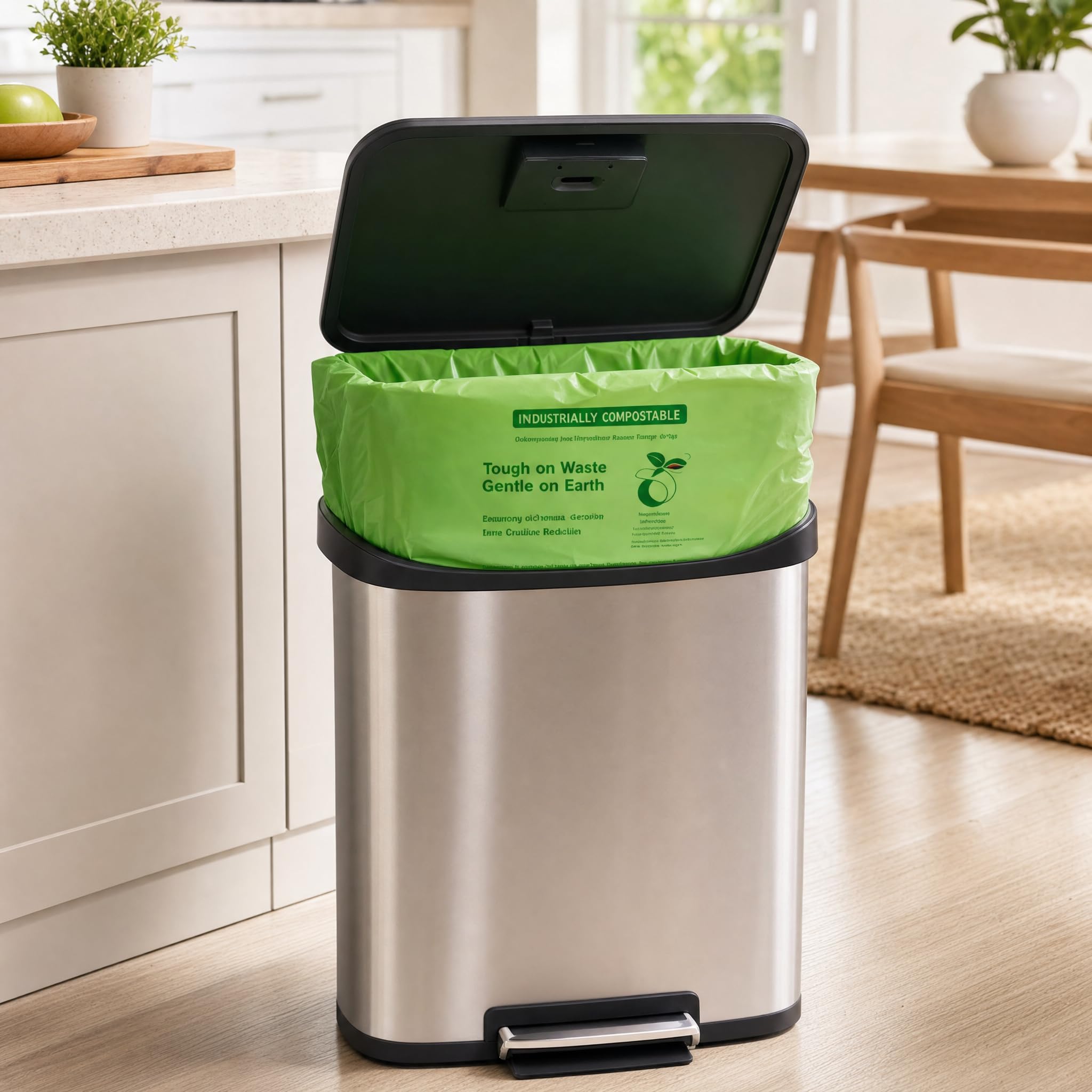 Sacchi della spazzatura biodegradabili da 50 l, 128 pezzi (4 scatole × 32 pezzi/rotolo), materiale amido di mais, certificato da piantine, ideali per cucina, garage e soggiorno, verde chiaro