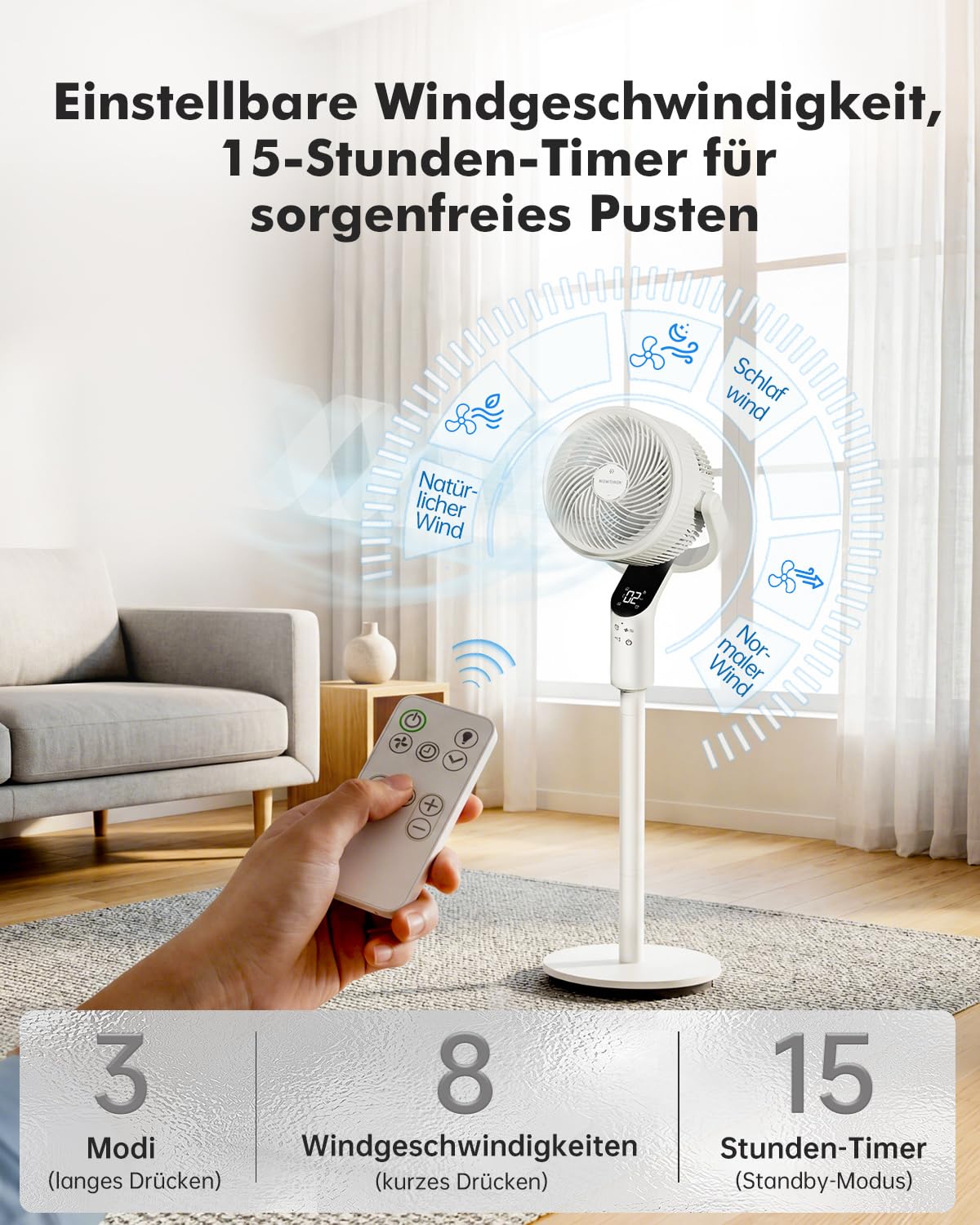 WOWDSGN Standventilator mit Fernbedienung, 22 dB leiser Ventilator für Schlafzimmer & Wohnzimmer, höhenverstellbarer Boden Ventilator mit 3D Oszillation, 8 Windgeschwindigkeiten & 15 St-Timer (Weiß)