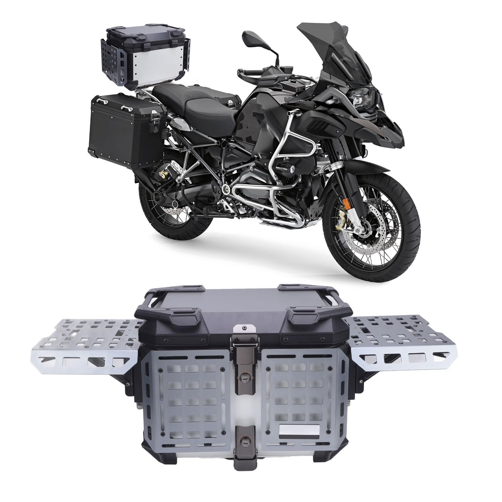 Drfeify Tylna Obudowa Motocykla Górna Obudowa Motocykla ze Stopu Aluminium 45L, Składana, Wodoodporna, z Mechanizmem Szybkiego Uwalniania, z blokadą zabezpieczającą Przed kradzieżą i Oparciem dla