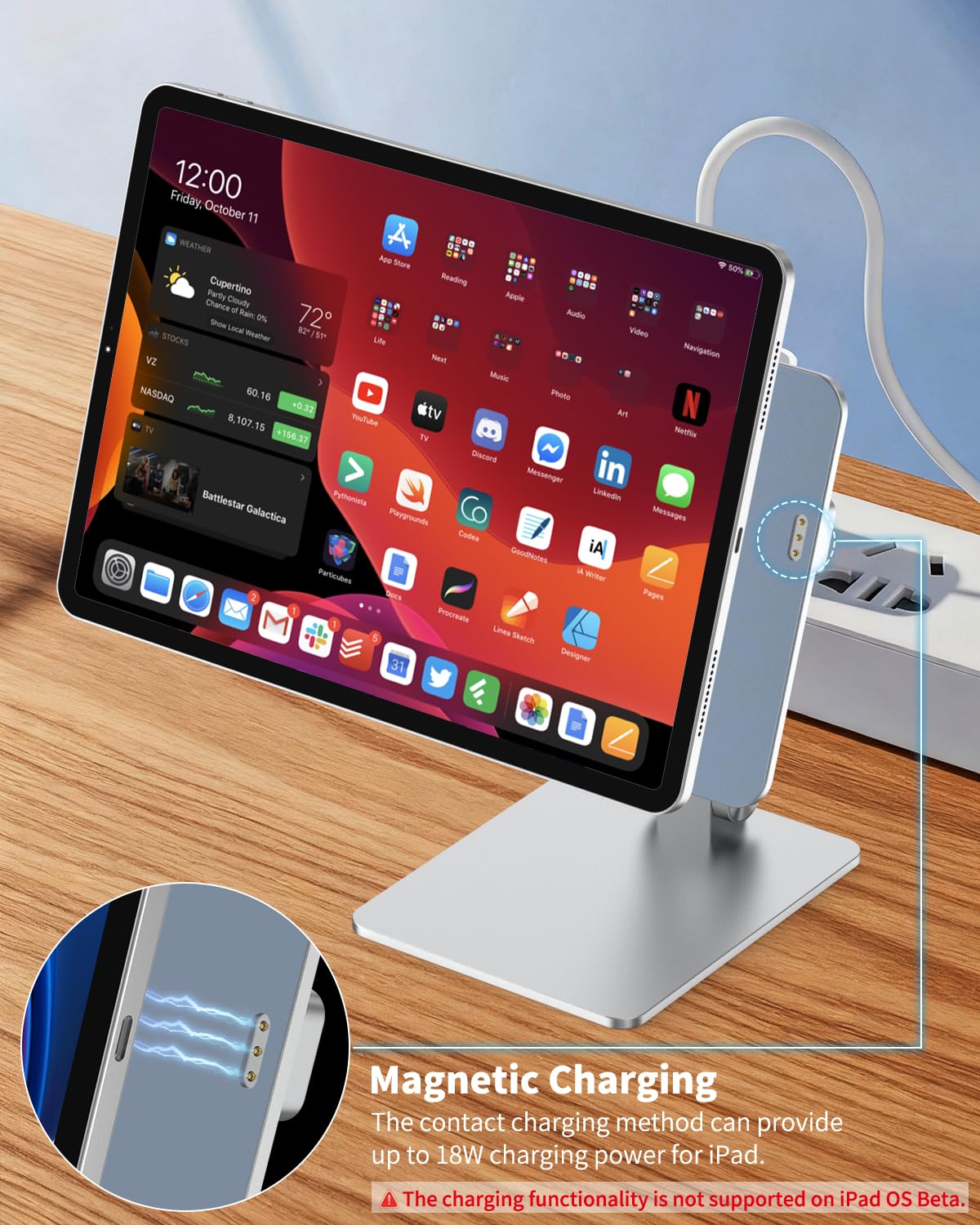 Supporto di ricarica wireless magnetico per iPad, supporto in lega di alluminio a doppia regolazione per ufficio, disegno, compatibile solo con iPad Pro 13" M4 (2024)