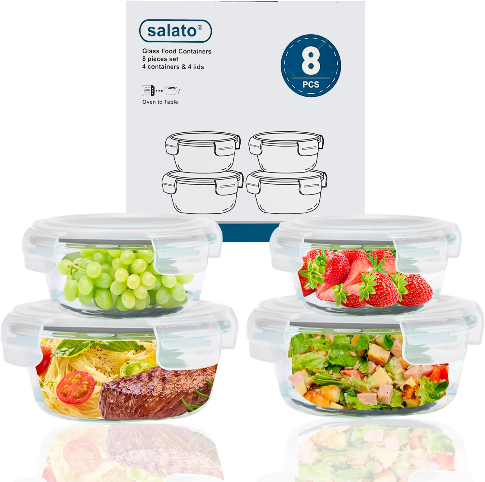 salato Glass Containers with Lids 8 Piece, 100% Leak Proof & BPA Free Glass Food Containers with Lids, 4 Pack Nesting Round Glass Food Storage Containers Safe for Freezer/Oven/Microwave, Grey