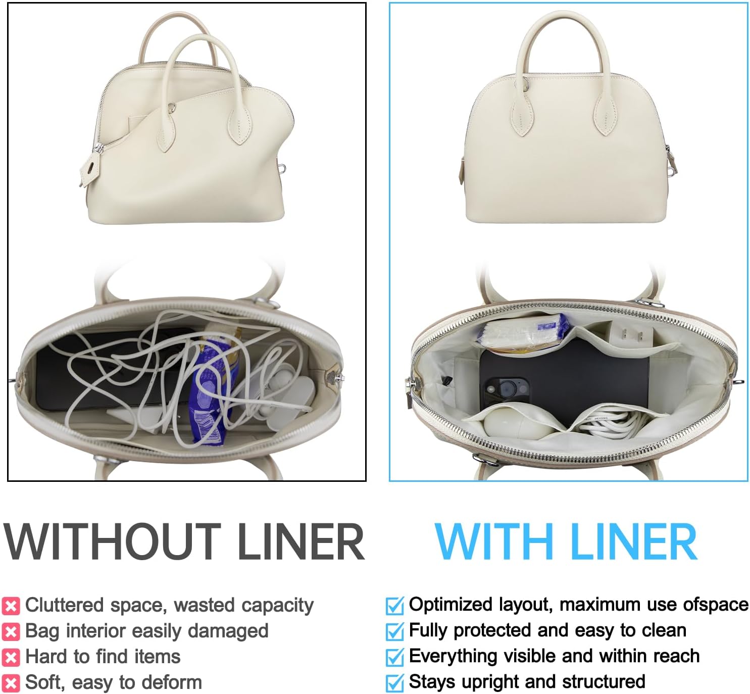 Organizer Insert for Bolide 1923 Mini/25/27/31/35, Satin Inner Bag Organiser(Size: Bolide 1923 Mini, Color: Craie)