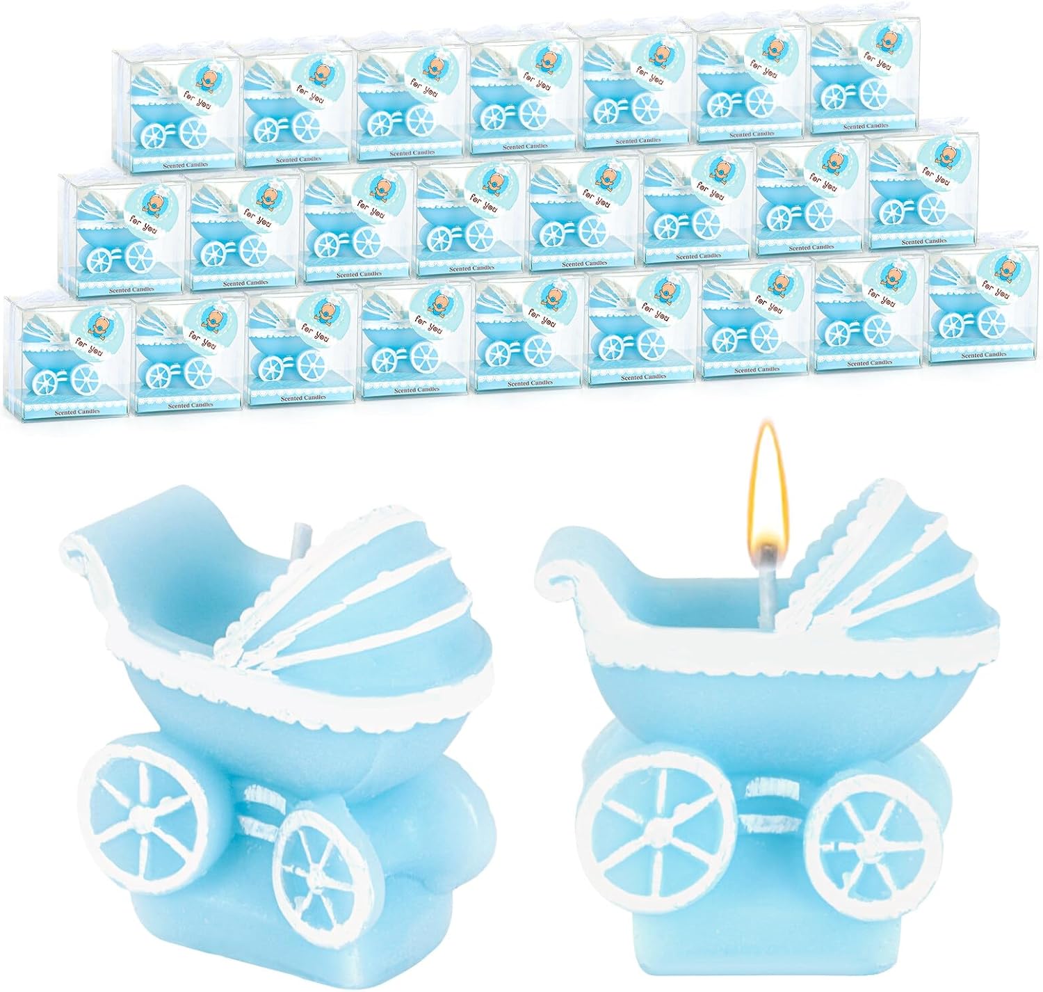 24 Pcs Baby Shower Favor Candles Stroller Candles with Boxes and for You Cards Cute Baby Shower Candles Baby Boy Cake Topper for Baby Shower Wedding Gender Reveal Party Favor Decor Blue stroller