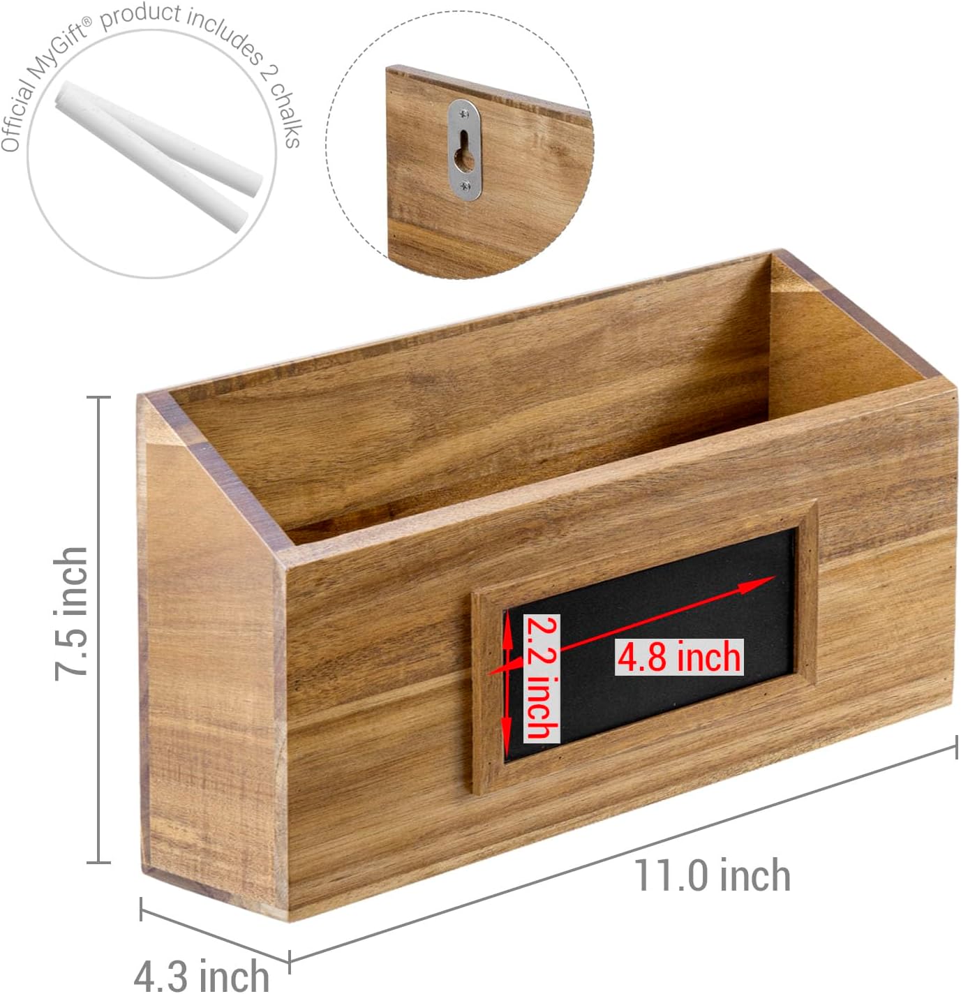 MyGift 11 Inch Premium Acacia Solid Wood Wall Mounted Magazine Racks with Chalkboard Labels, Rustic Wooden Hanging Mail Sorter Bill Organizer File Holder Bins, Set of 2