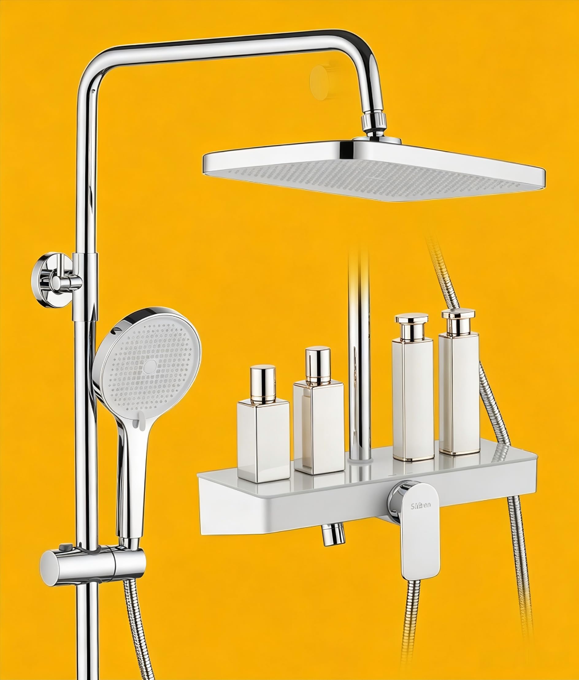 Shower System Without Thermostatic,Mixer Shower Set with 35×14cm Glass Shelving Unit,Rainfall Shower Head,3 Modes Handheld Showerhead,Bottom Outlet,Height-Adjustable Stainless Steel Shower Set (Chrom)