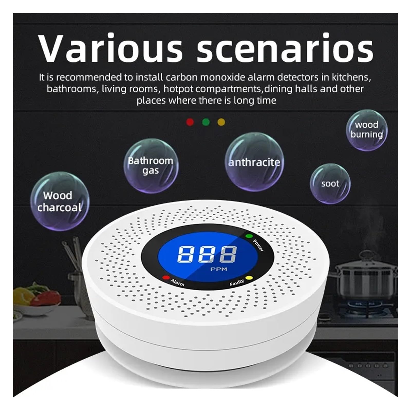 Mierniki jakości powietrza, Samodzielny czujnik tlenku węgla Alarm CO z wyświetlaczem ekranowym Zasilany bateryjnie(3-PCS)
