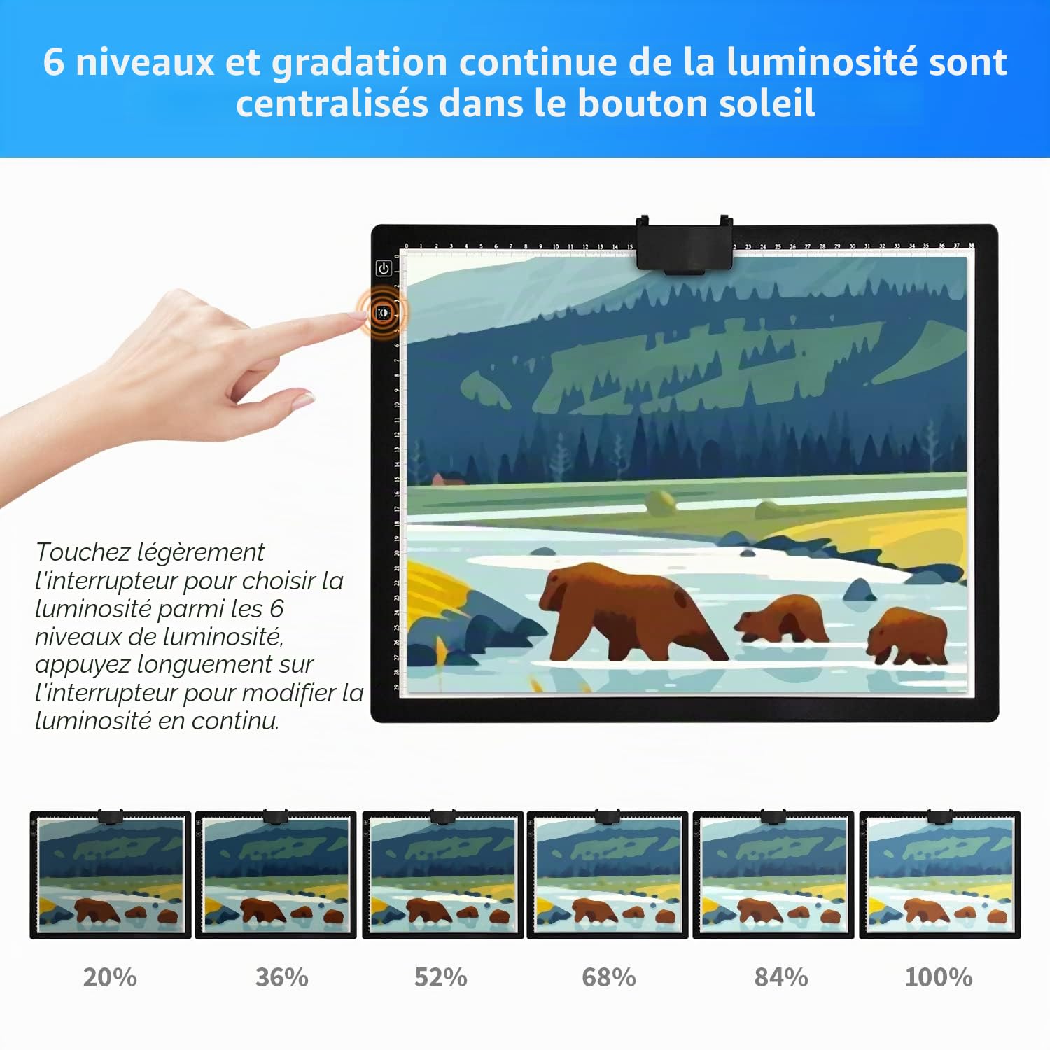 Tablette lumineuse a3 rechargeable avec sac&Support, 3 couleurs dimmables et 6 niveaux de gradation table lumineuse a3 pour le dessin, diamond painting, la peinture, la visualisation aux rayons X