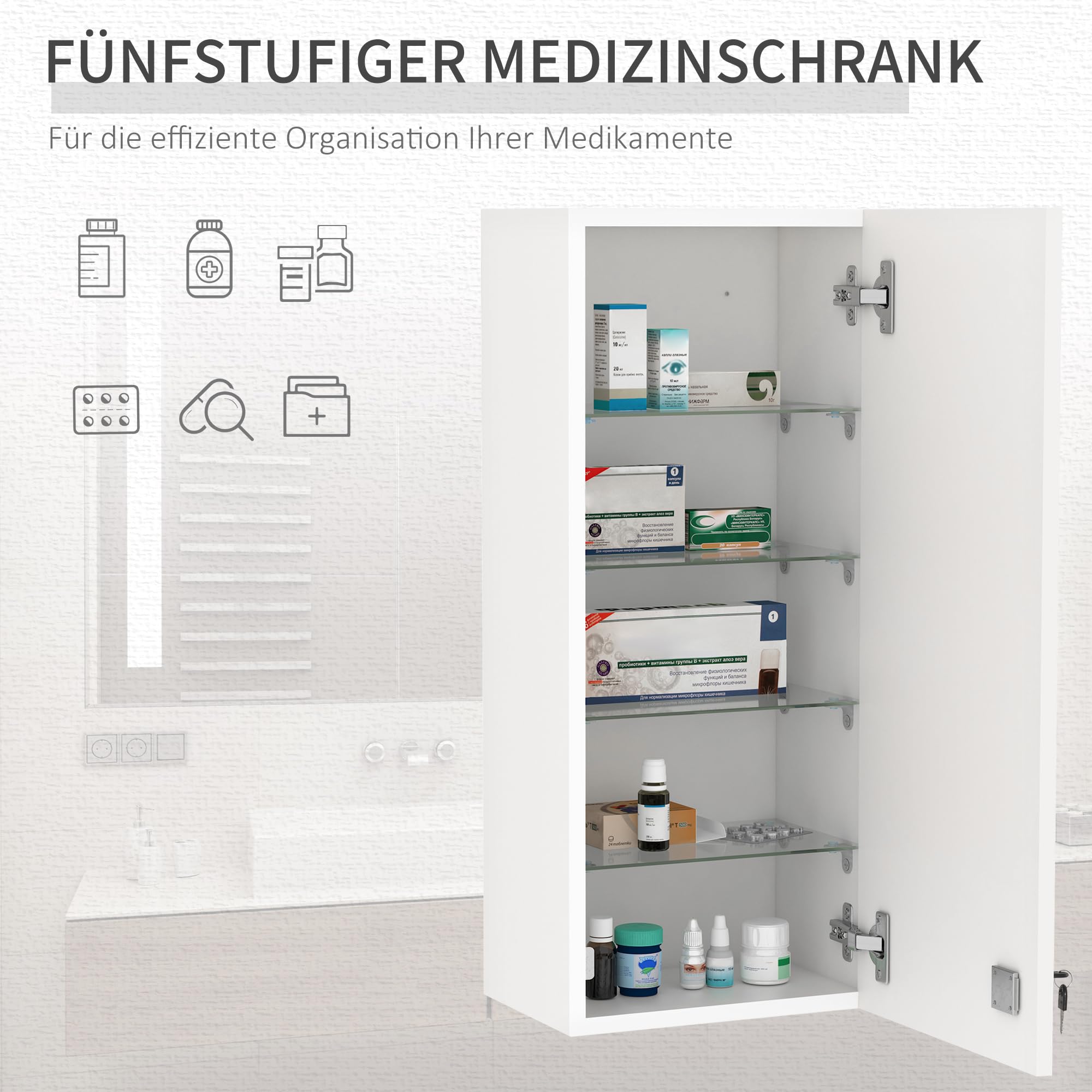 kleankin Medizinschrank Arzneischrank Wandschrank Hängeschrank mit Verstellbarer Ablage Erste-Hilfe-Kreuz abschließbar für Badezimmer Küche Flur Weiß 30x20x70 cm