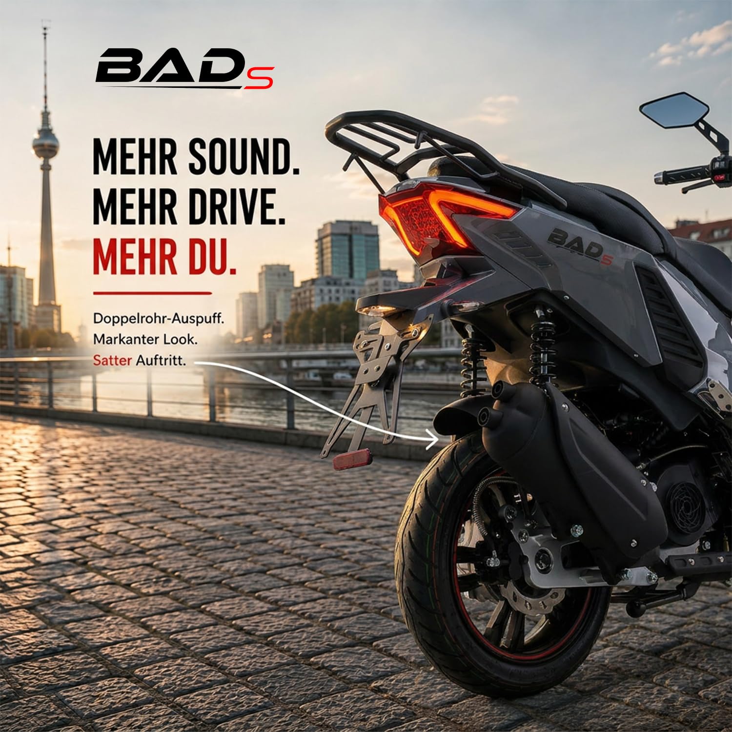 Burnout Motorroller 50 ccm BAD S, Grau, 45 km/h, Euro 5, EFI Einspritzung, Voll-LED, Keyless Go, Alarmanlage, USB-Ladedose, hydraulische Scheibenbremsen v/h