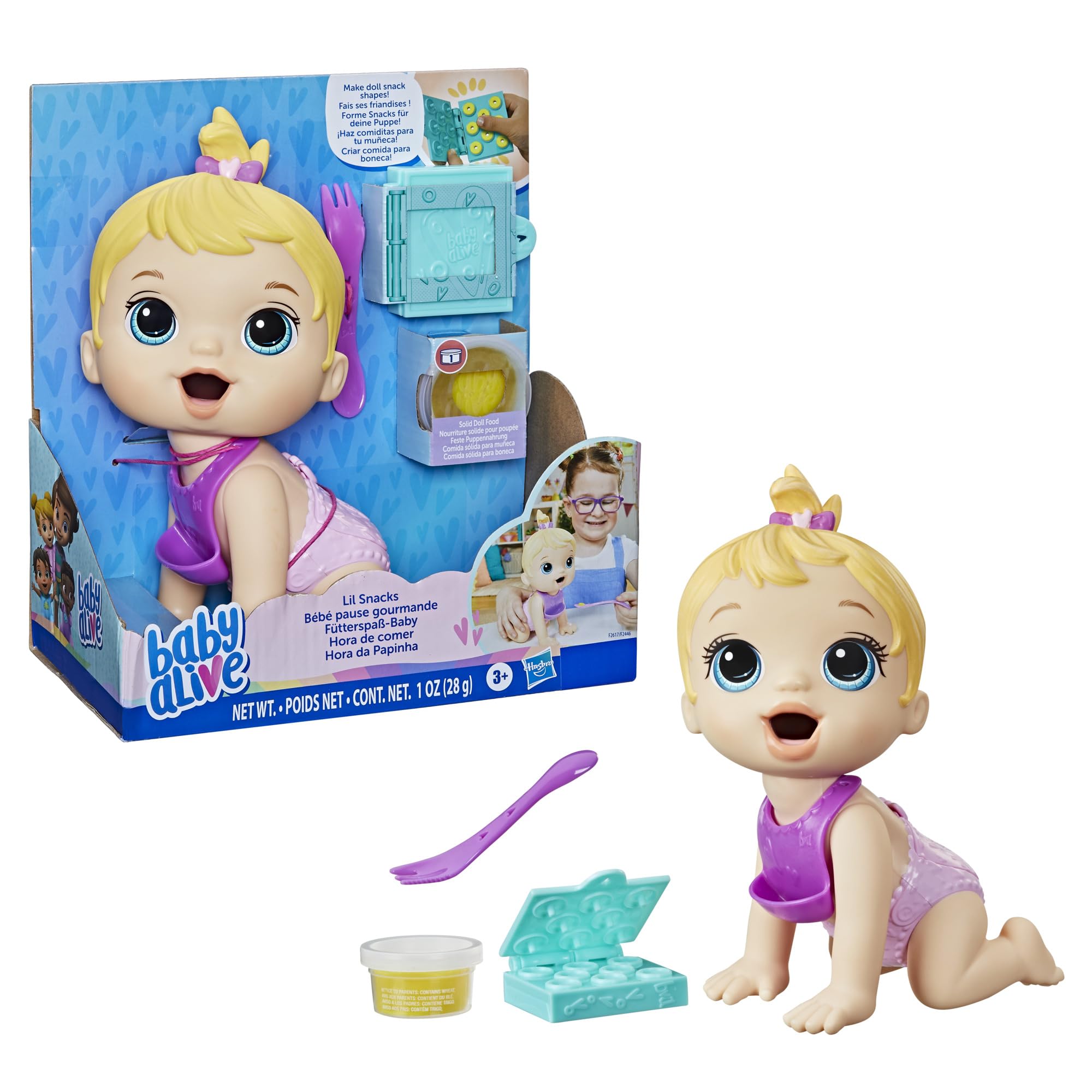 Baby Alive Lil Snacks Puppe, Eats and Poops, Snack-Thema, 20,3 cm, Baby-Puppe, Snackbox-Form, Spielzeug für Kinder ab 3 Jahren, Blondes Haar