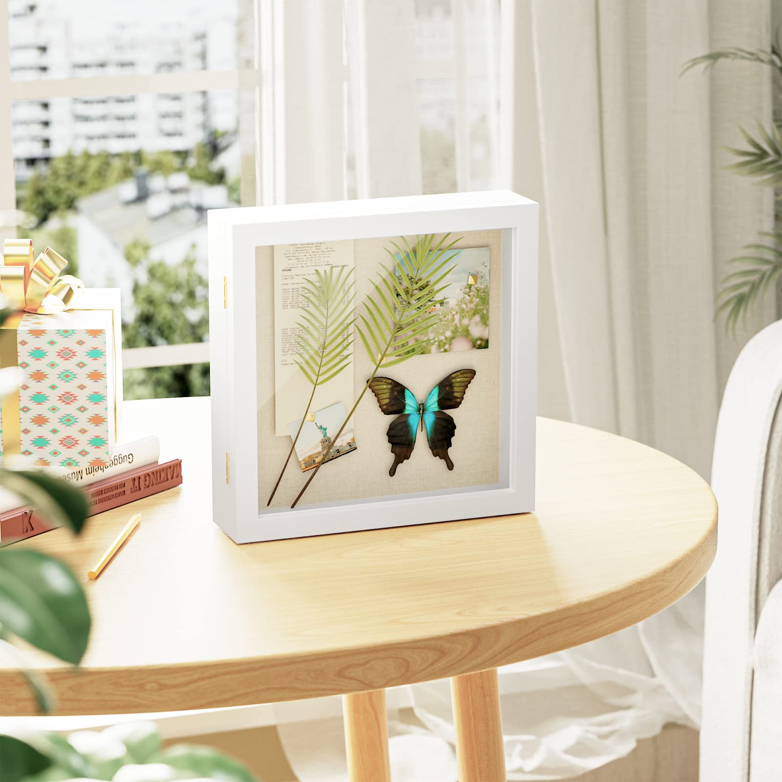 SZQINJI Shadow Box Frame 11x11 Shadow Box Display Case with Linen Back Glass Door Memorabilia Awards Medals Photos Wood Memory Box Rustic White