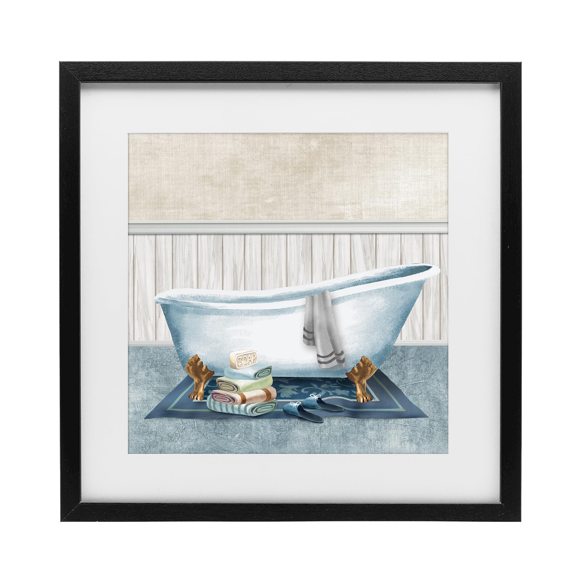 Stupell Industries Midnight Black (Textured) Cozy Clawfoot Bathtub Spa Bathroom, 16 X 16 Inch Framed Print Under Glass