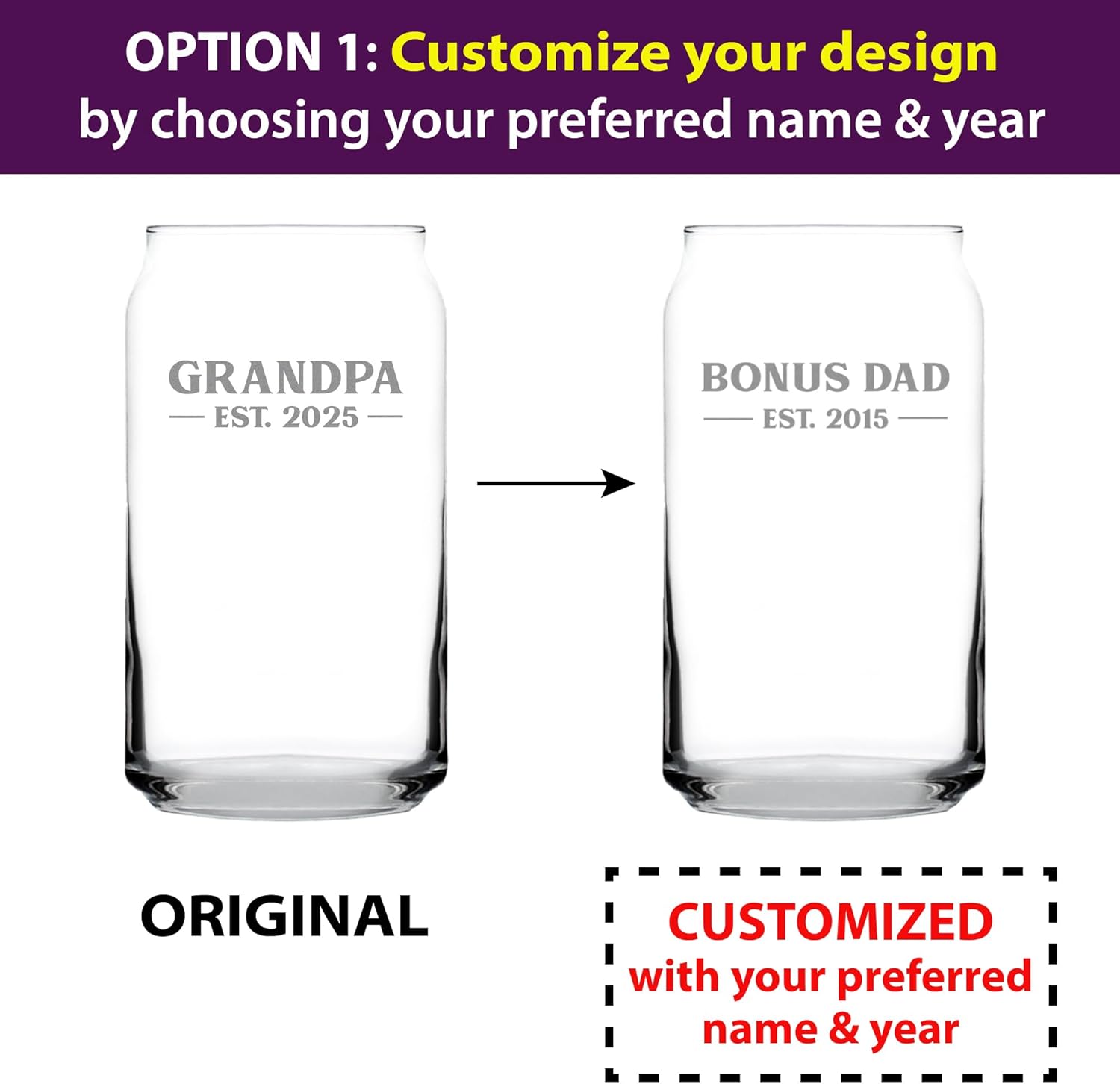 Custom Grandpa Est 20XX - New Grandfather Beer Can Pint Glass Gift for First Time Grandparents - Personalized Bold 16 Oz Glasses