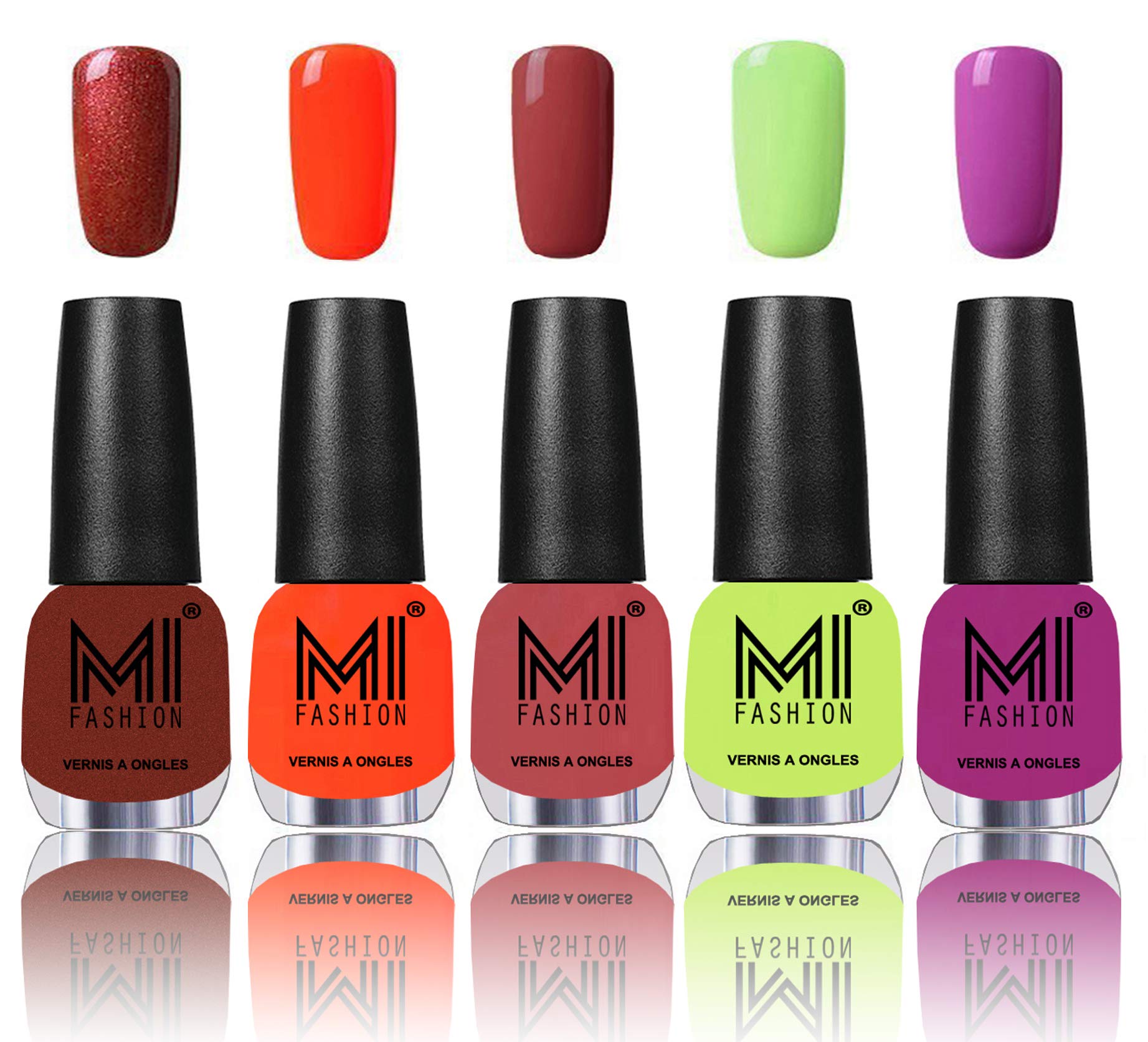 MI Fashion� 7 Days Lasting Premium Nail Polish Shades - reddish bronze,Candy Coral,Rustic TAN,Lime Green and Bright Plum-image-21