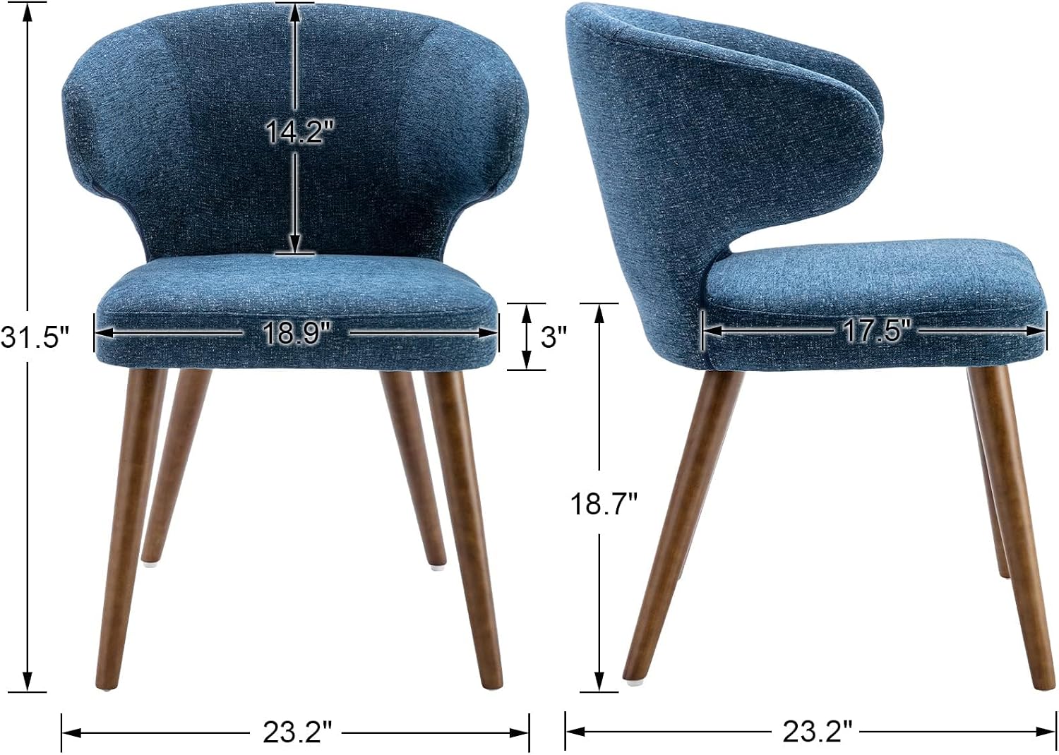 HNY Mid Century Modern Dining Chairs Set of 2, Upholstered Curved Wingback Accent Arm Chairs, Linen Side Chairs with Solid Wood Legs, Navy Blue