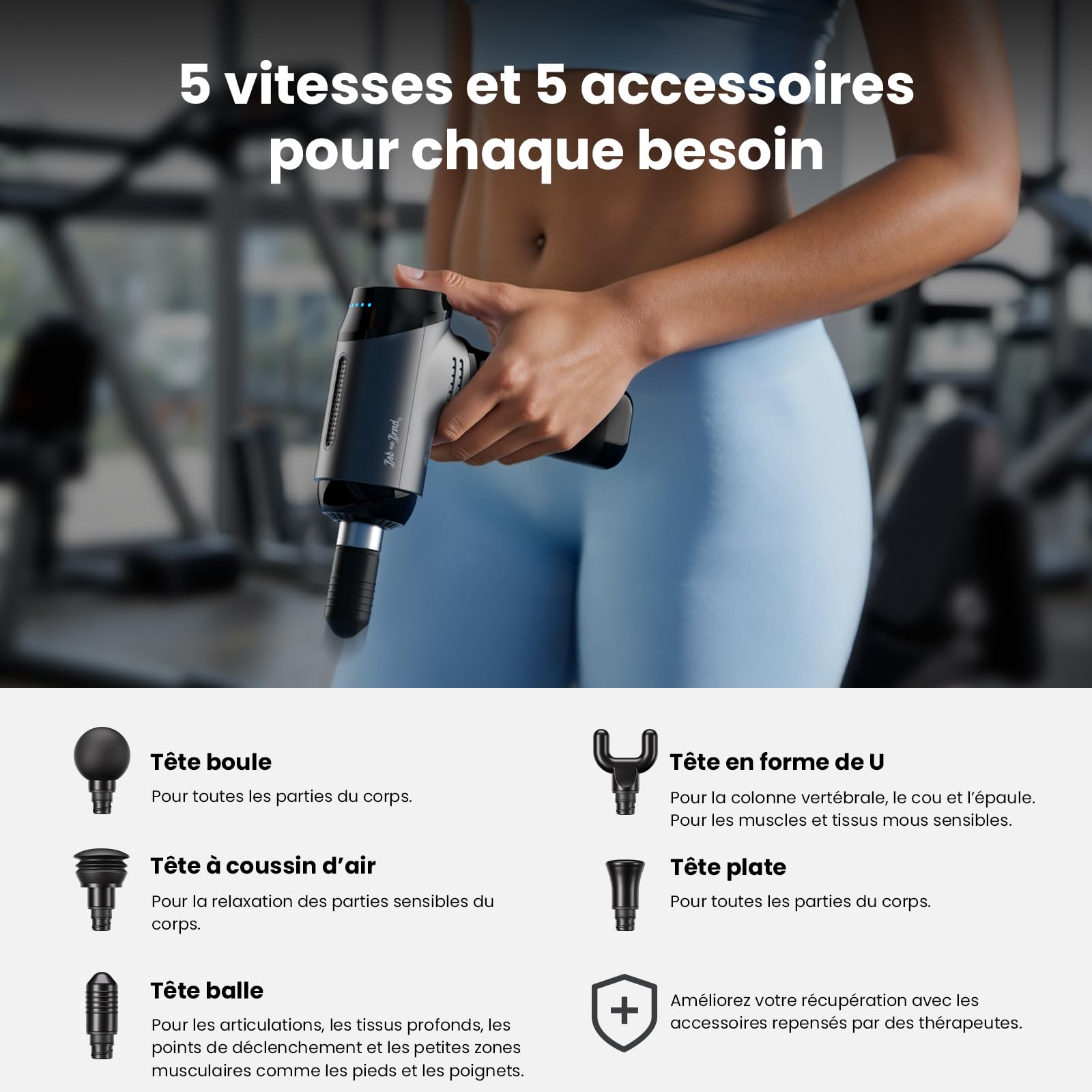 Bob and Brad T2 Pistolet de Massage Musculaire, Massage Gun Tissus Profonds avec Batterie 4000mAh, Pistolet Masseur Portable & Appareil de Massage pour la Récupération Sportive & le Bureau