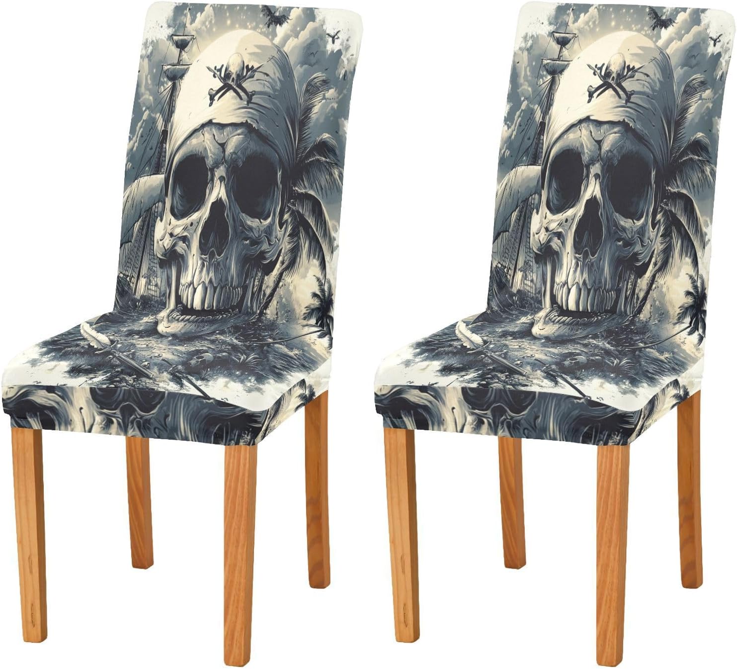 ALAZA Chair Covers for Dining Room, Pirate Skulls Swords Sailing Ship Stretch Chair Cover Sets Chair Protector Removable Washable for Ktichen Restaurant Hotel