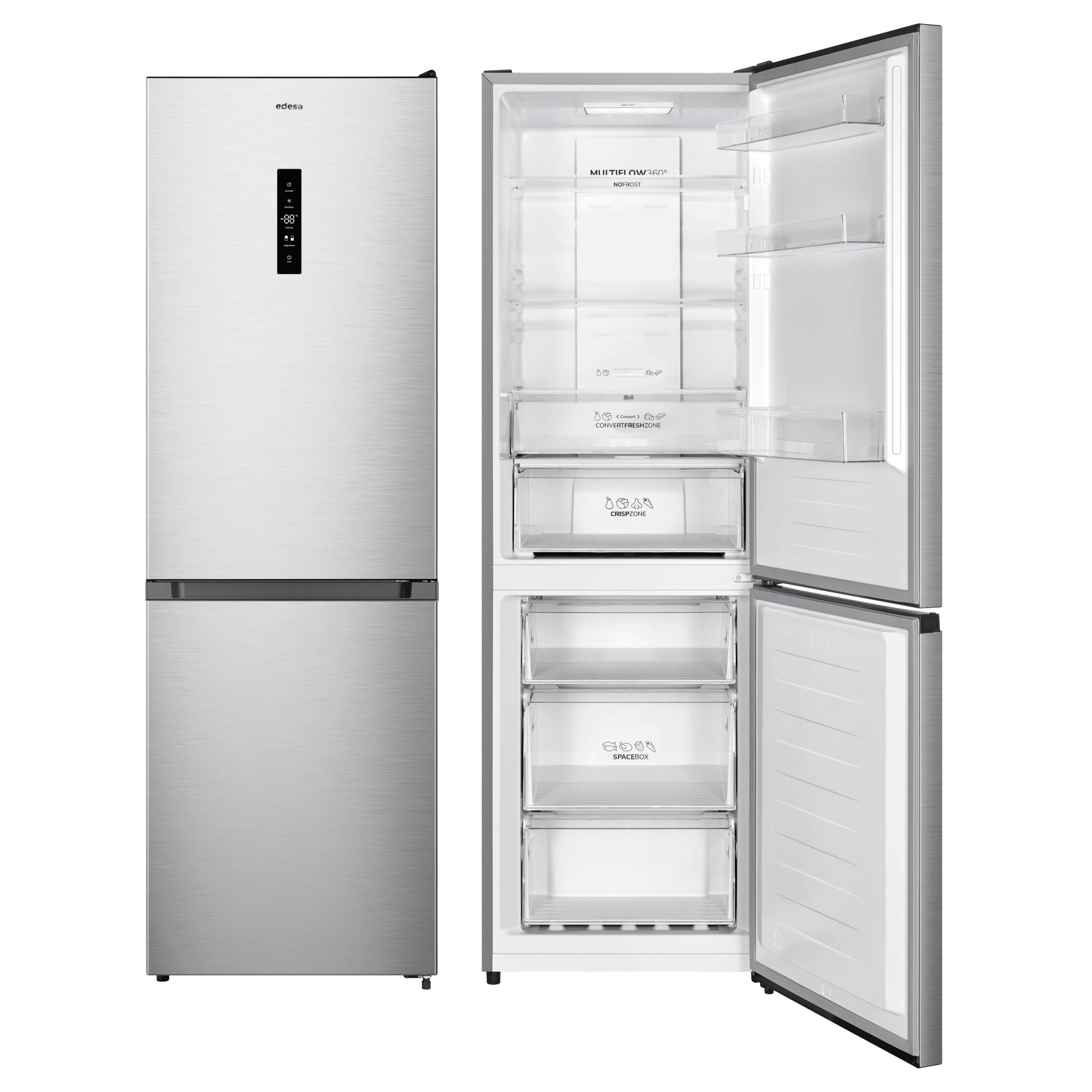 EDESA Frigorífico Combi EFC-1834 NF EX Total No Frost de 186 cm, 304 L, Control Electrónico, Display LED, Congelación Rápida, Puertas Reversibles, Clase E, Acero Inoxidable