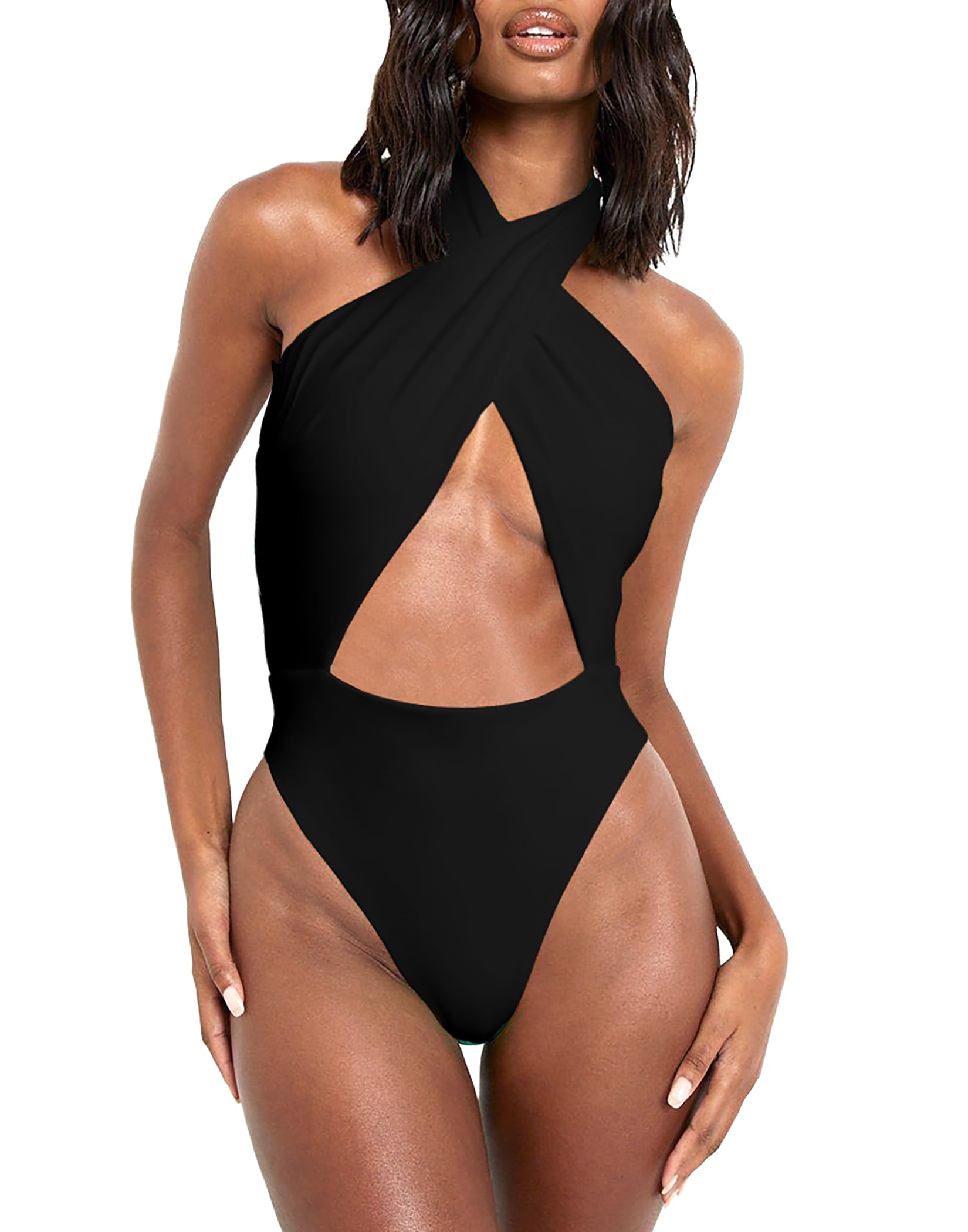 HYPERFIRE Womens Sexy Halter Criss Cross Swimsuit Cut Out One Piece Bathing Suit High Cut Swimwear