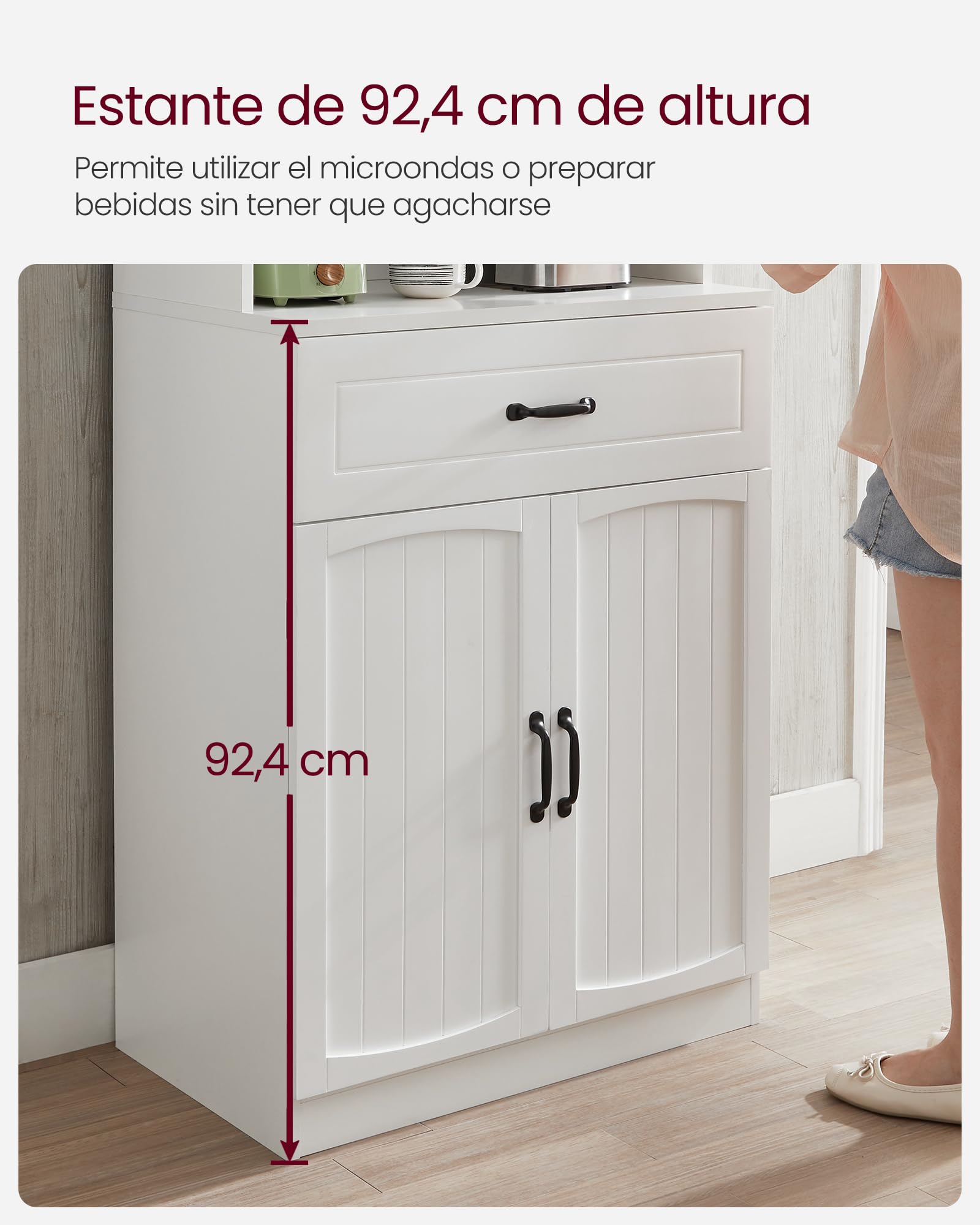 VASAGLE Armario Alto, Armario de Cocina con Puertas de Cristal y Estantes Ajustables, Cajón, Orificio para Cables, para Microondas, Estilo Moderno, Blanco LSC361W21