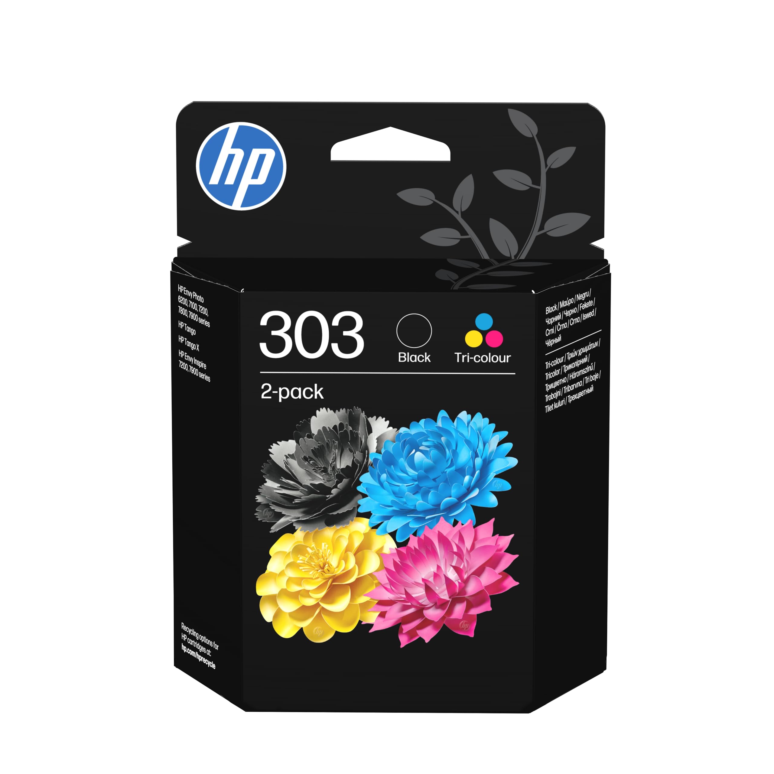 HP 303, Pack de 2 Cartouches d'encre Originales, 3YM92AE, Noir, Cyane, Jaune, Magenta, Compatible avec Les gammes d'imprimantes Envy Photo 6200, 7100, 7800, Envy Inspire 7200, 7200e, 7900 et 7900e