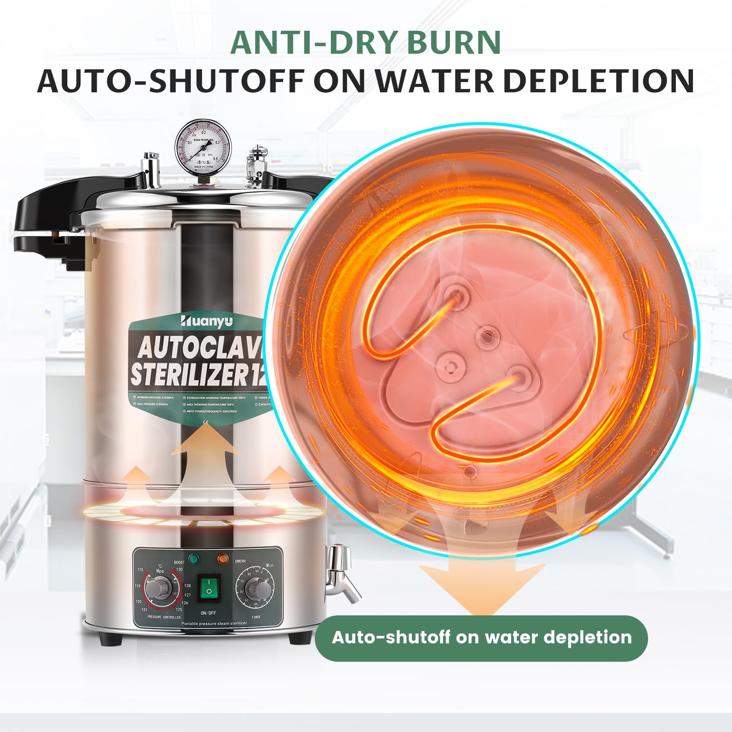 Huanyu 12L Autoclave Esterilizador Autoclave eléctrico de laboratorio ajustable en temperatura y tiempo Diseño de apertura rápida Esterilizador de vapor de alta presión para laboratorios Universidades