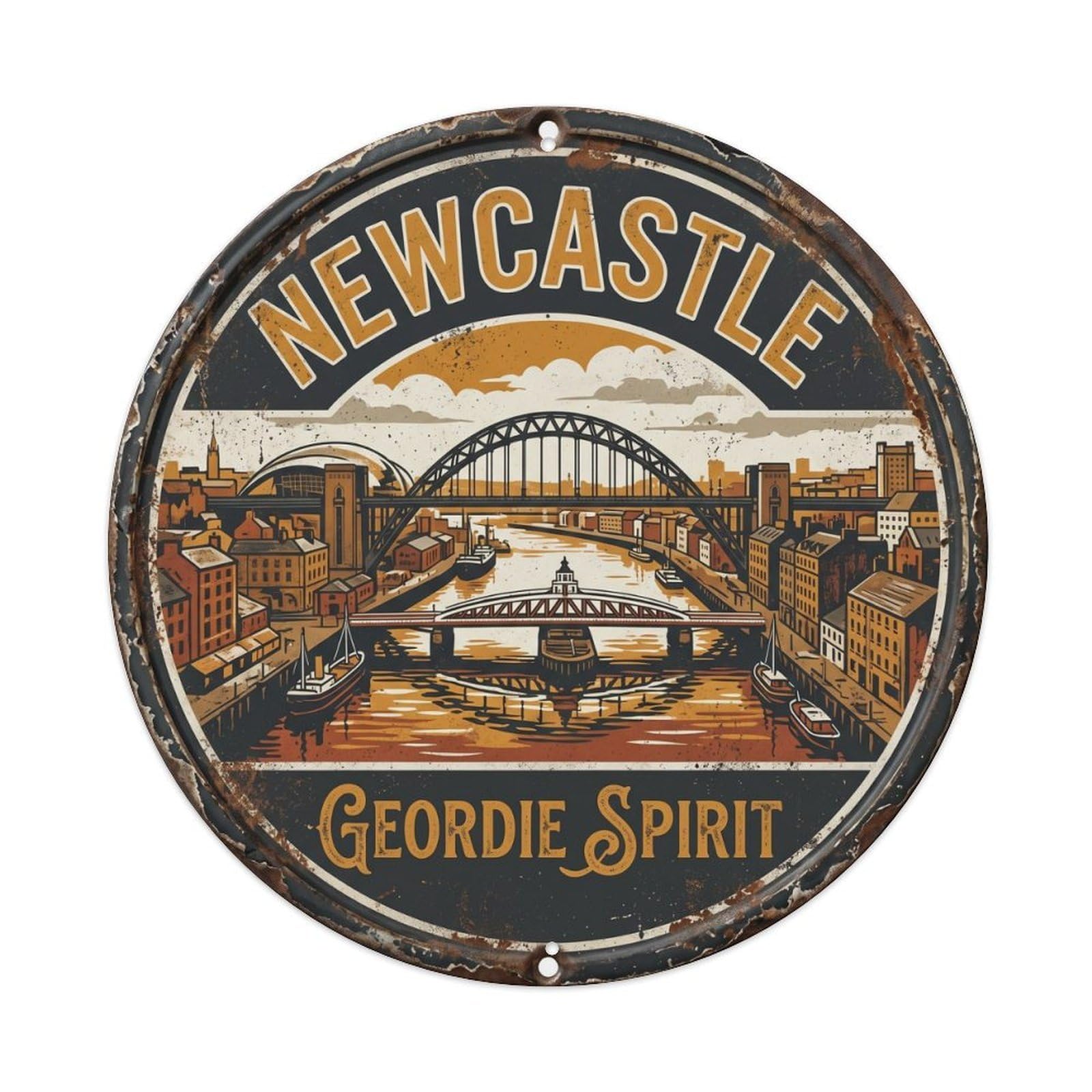 Vintage Travel Newcastle Quayside Riverside Metal Tin Sign Plaque Wall Decor for Cafe, Club Bar, Office, Home Garden Round Metal Poster 8x8Inch