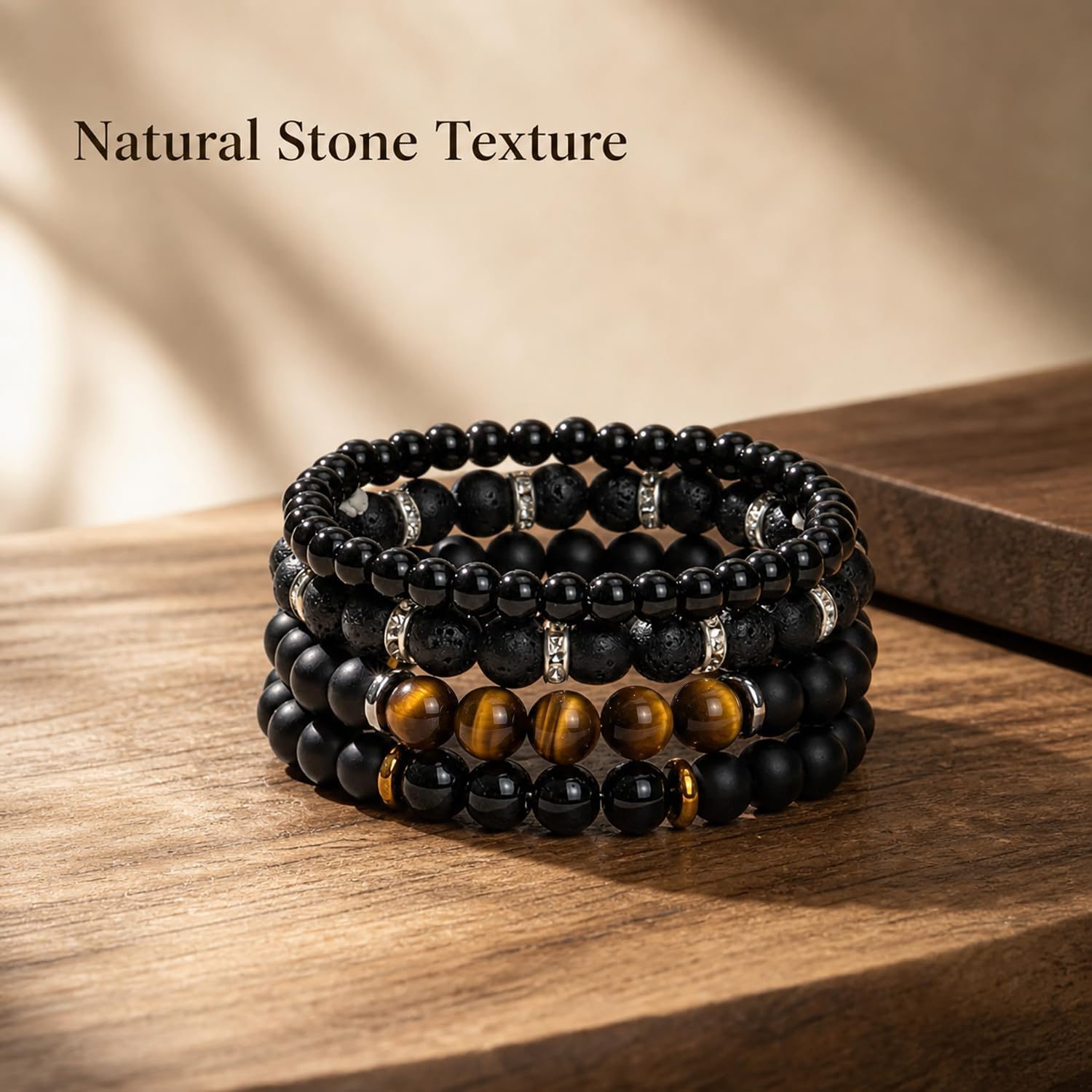 Men's Natural Stone Beaded Bracelet Set, 4 Pcs Stretch Stacking Bracelets with Lava Rock, Onyx, Tiger Eye, Howlite Beads thumbnail