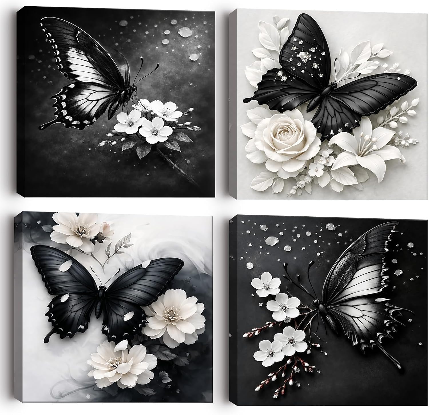 Alptiny Canvas Wall Art Set Of 4, Framed Wall Art Prints, Black And White Butterfly Floral Picture Canvas Artwork For Living Room Bedroom Bathroom Decor 30x30cm