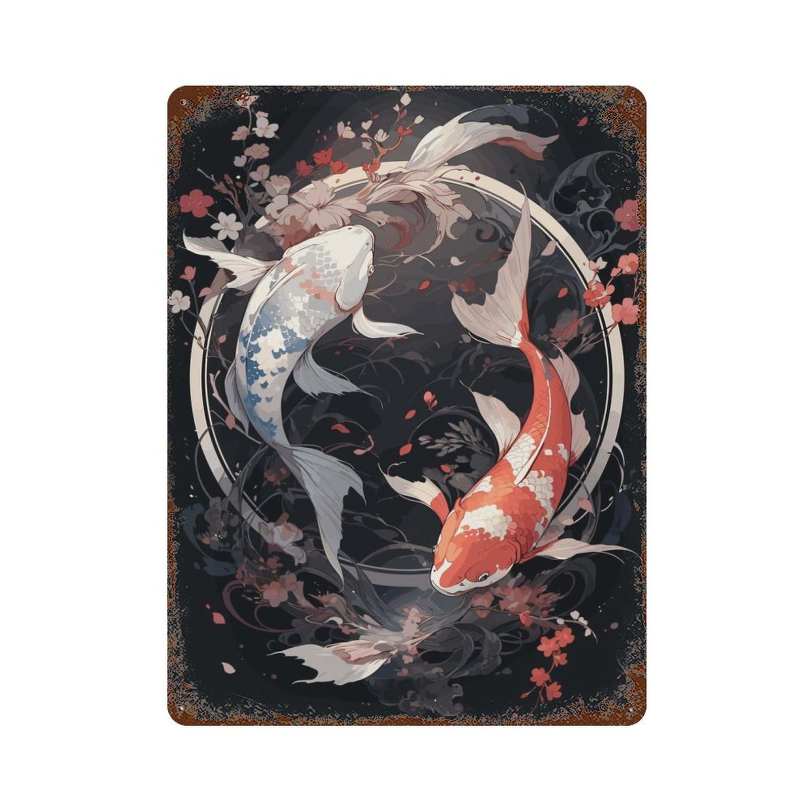 Rust Effect Japanese Koi Ying Yang Weathered Tin Sign 15.7"x11.8", Shabby Chic Decor for Patio, Garden Room And Bar Decor