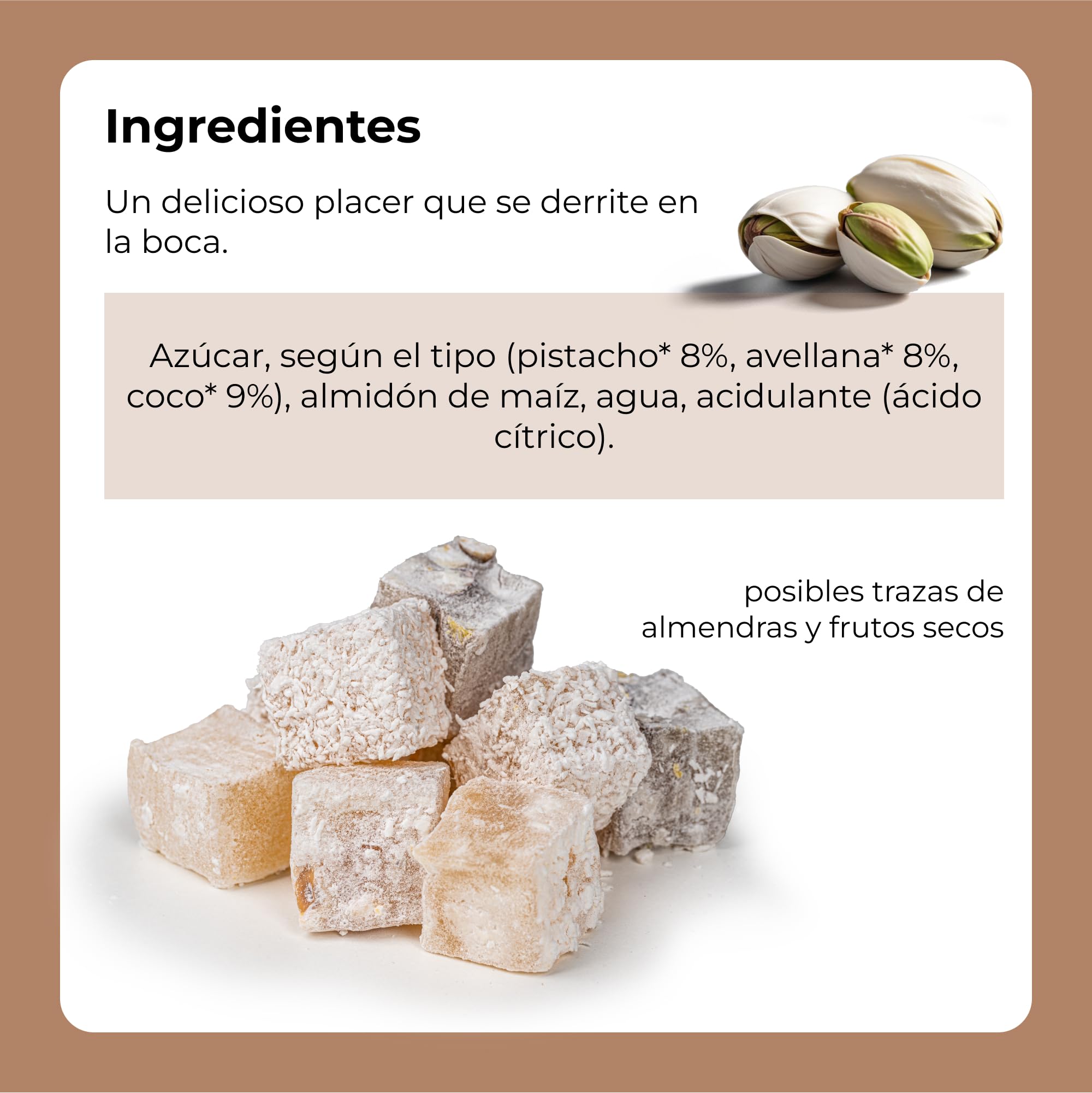 Delicias turcas Con avellana, Pistacho, coco 500 g.