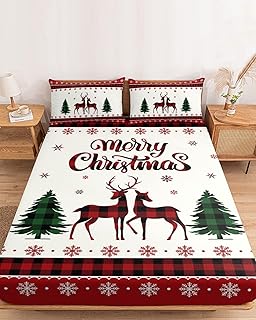 Christmas Reindeer Green Pine Tree Twin XL Fitted Sheets Deep Pocket Up to 16