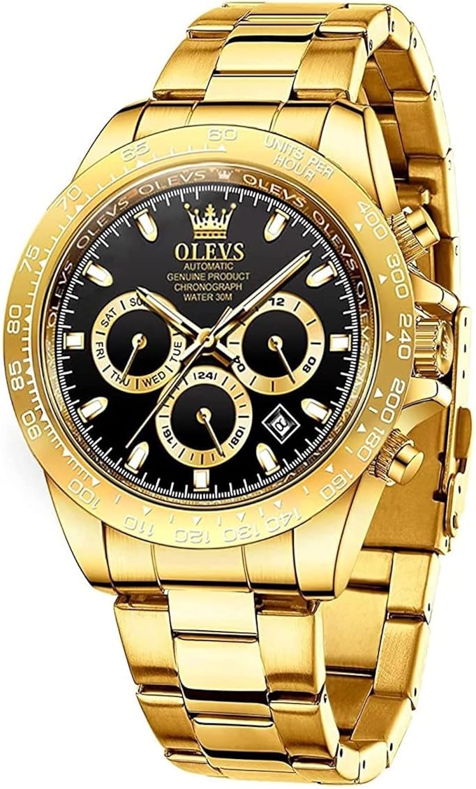 OLEVS Mens Watches Fashion Automatic Luxury Unidirectional Rotating Bezel Upgraded Mechanical Business Wrist Watches for Men Upgrade gold black