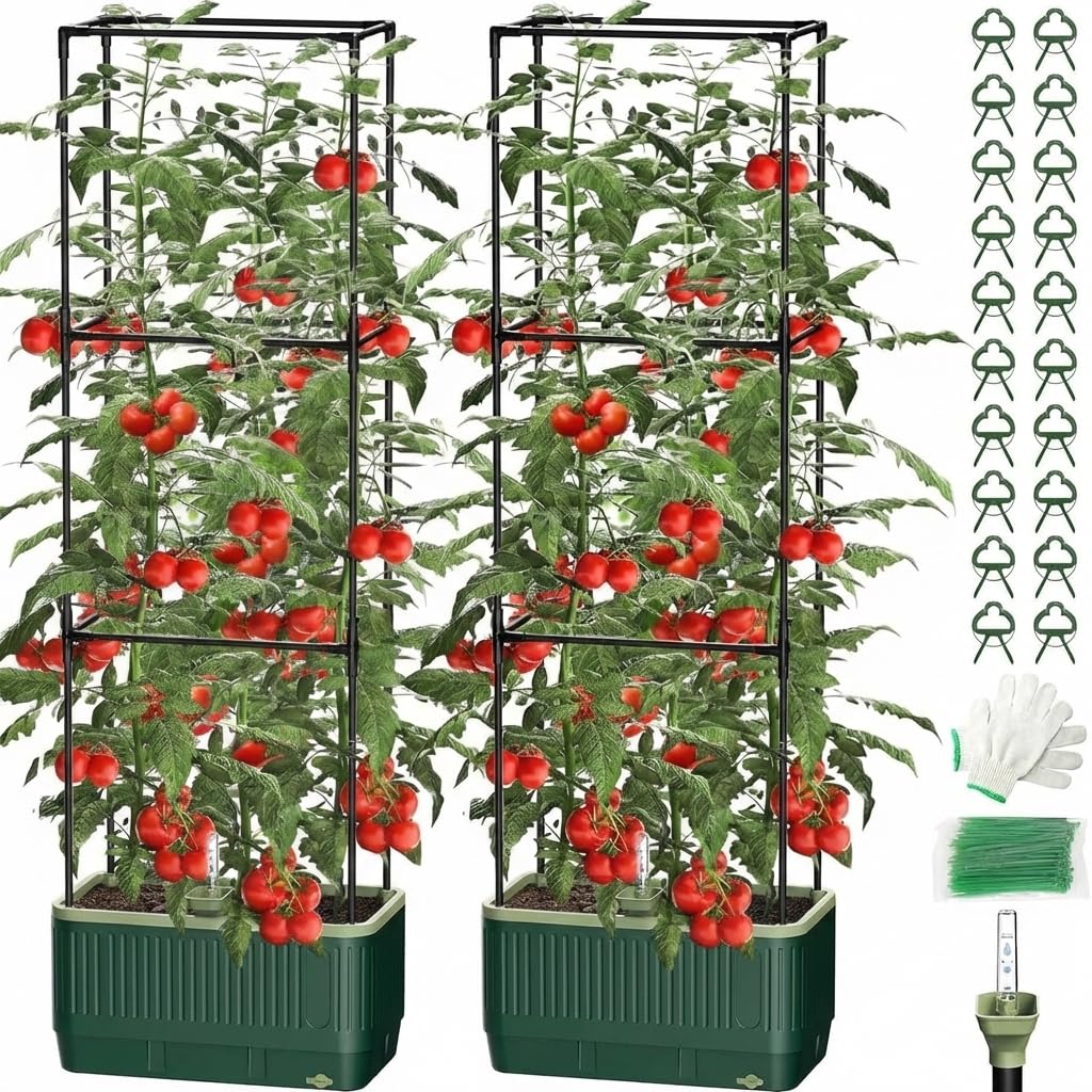 2 Pots à tomates avec tuteur, bac à Plantes Auto-irriguant de 130 cm avec Treillis, Treillis de Jardin avec jardinière, Potager surélevé pour Plantes grimpantes