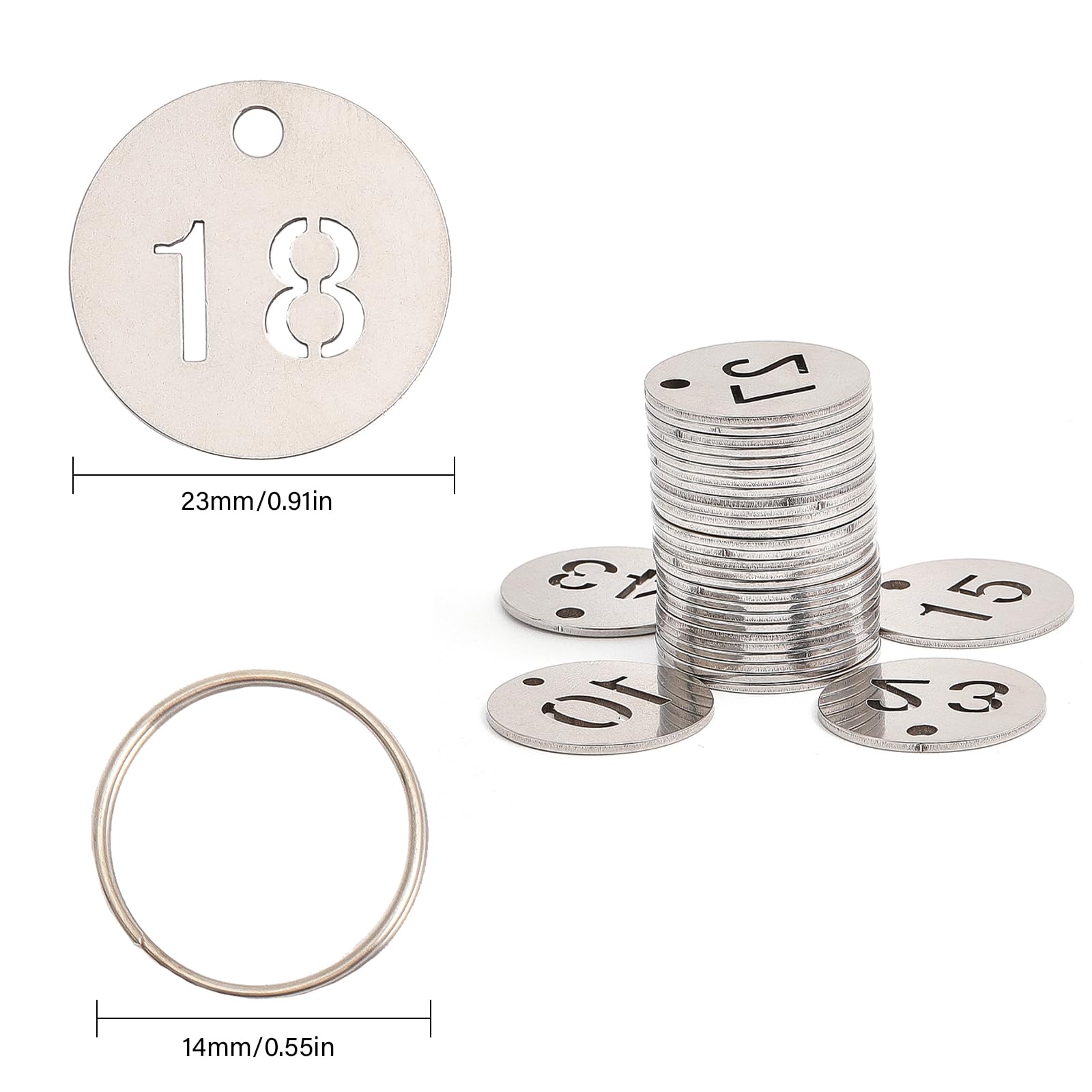 GLOBLELAND Lot de 50 Étiquettes Numérotées Rondes en Métal en Acier Inoxydable avec Numéro D'Identification et Étiquettes D'Identification avec 50 Porte-Clés pour Hôtels Écoles Bagage Sac Casier