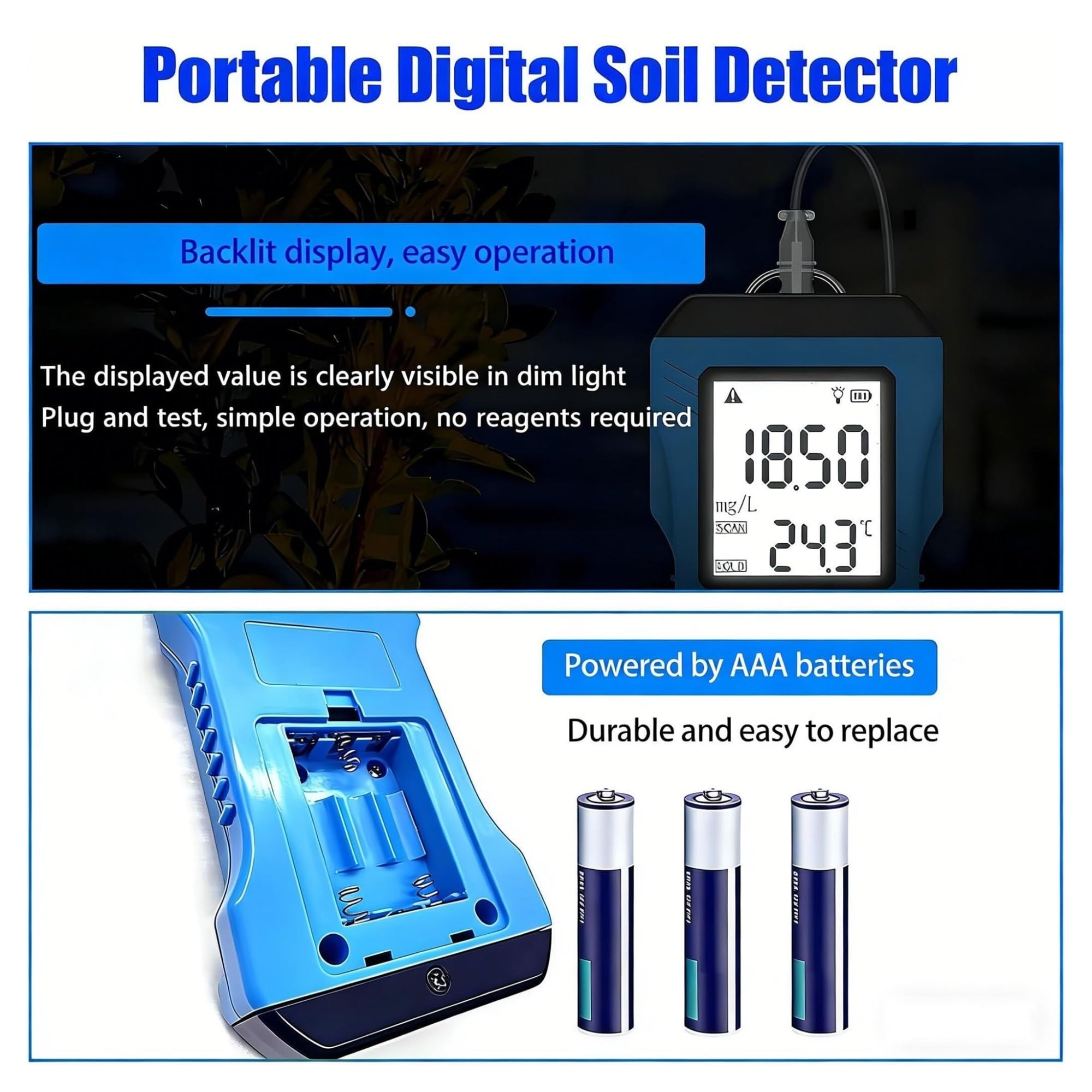 Kit de prueba de suelo 2 en 1: medidor digital de PH y NPK for jardín, granja, césped y plantas | Analizador de fertilidad del suelo for nitrógeno, fósforo, potasio y acidez
