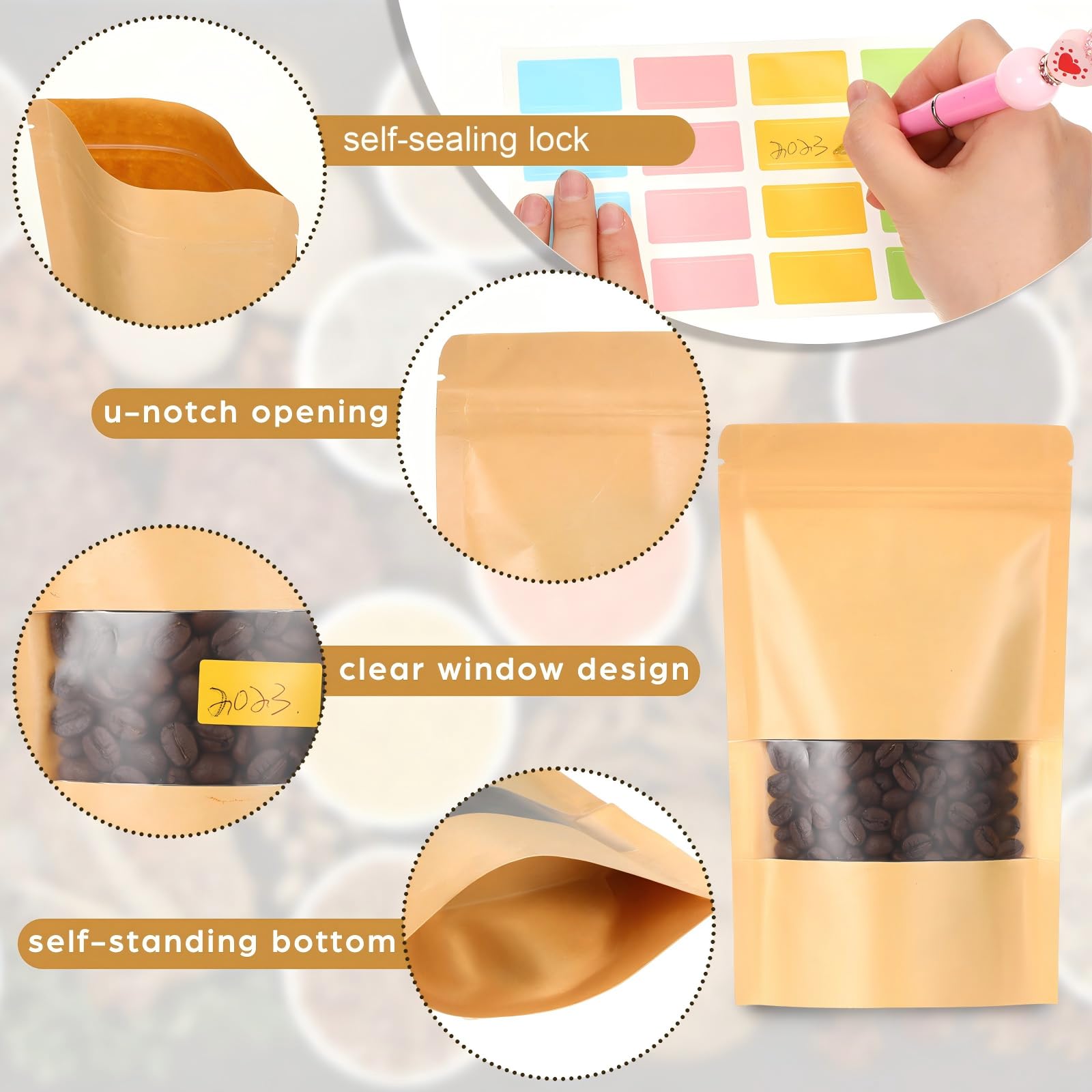 Ctosree 300 bolsas de papel kraft con ventana a granel, bolsa de papel kraft con cremallera de pie, bolsa de papel kraft con cremallera para almacenamiento de alimentos, bolsas reutilizables sellables