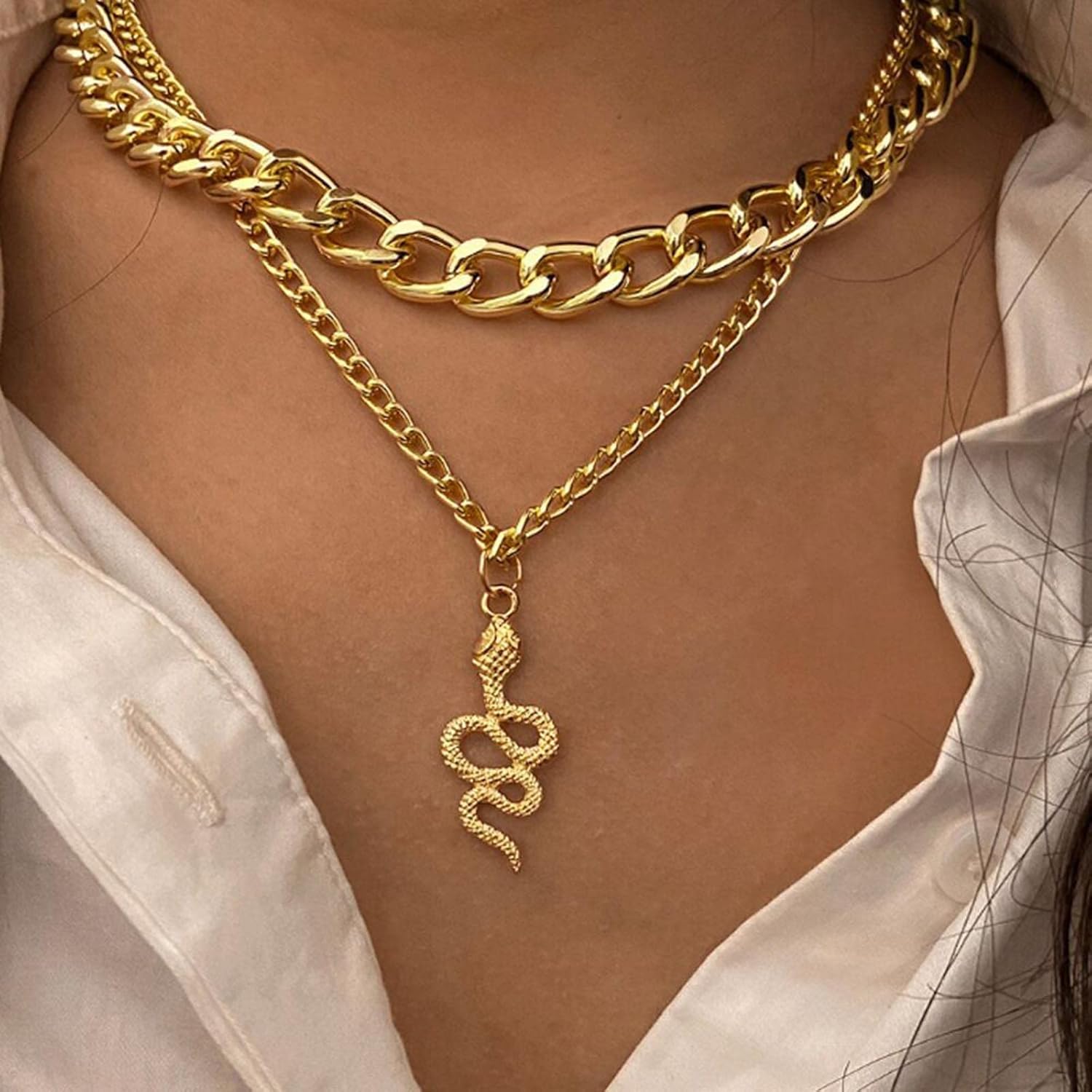 Layered Snake Choker Necklace Gold Snake Chunky Chain Necklace Punk Cuban Link Chain Necklace Personalized Serpent Animal Pendant Necklace Chain Jewelry for Women Men - Image 5