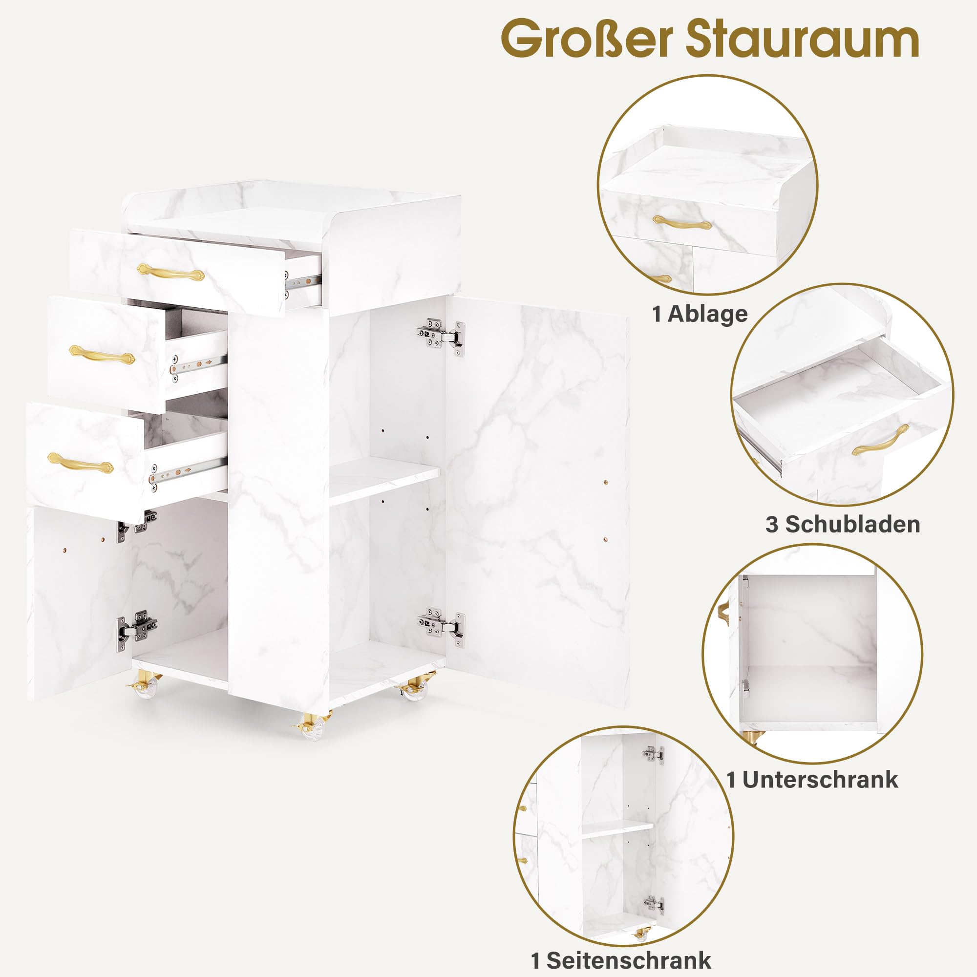 BarberPub Friseurwagen mit 3 Schubladen & 2 Schränken, Beauty Salon Trolley mit 3 Föhnhaltern, 39x58x90cm, Weiß-Gold