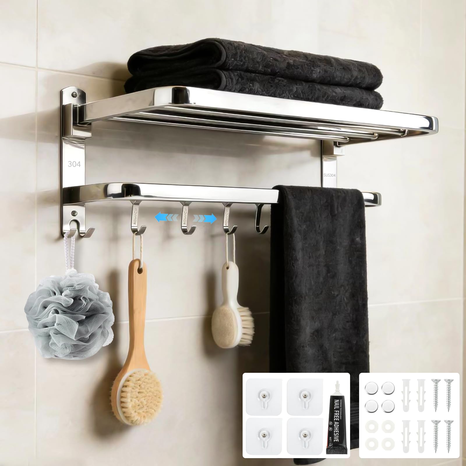 Portasciugamani pieghevole a 90° da parete autoadesivo con 5 ganci, portasciugamani a 2 piani in acciaio inox, mensola da bagno con doppia asta (50 cm)