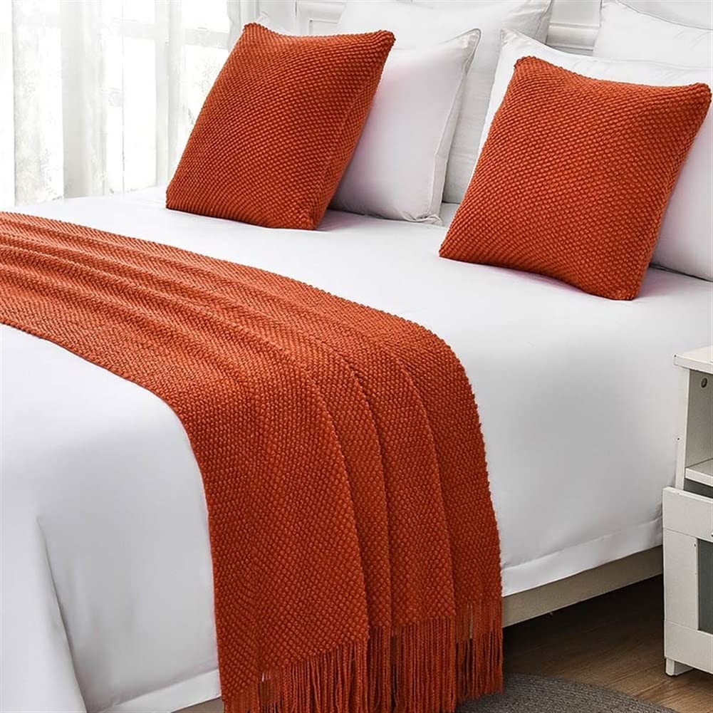 Gestrickter Bettläufer, roter Bettwäsche, Schal für Zuhause, Hotel, Dekoration (65 x 260 cm)