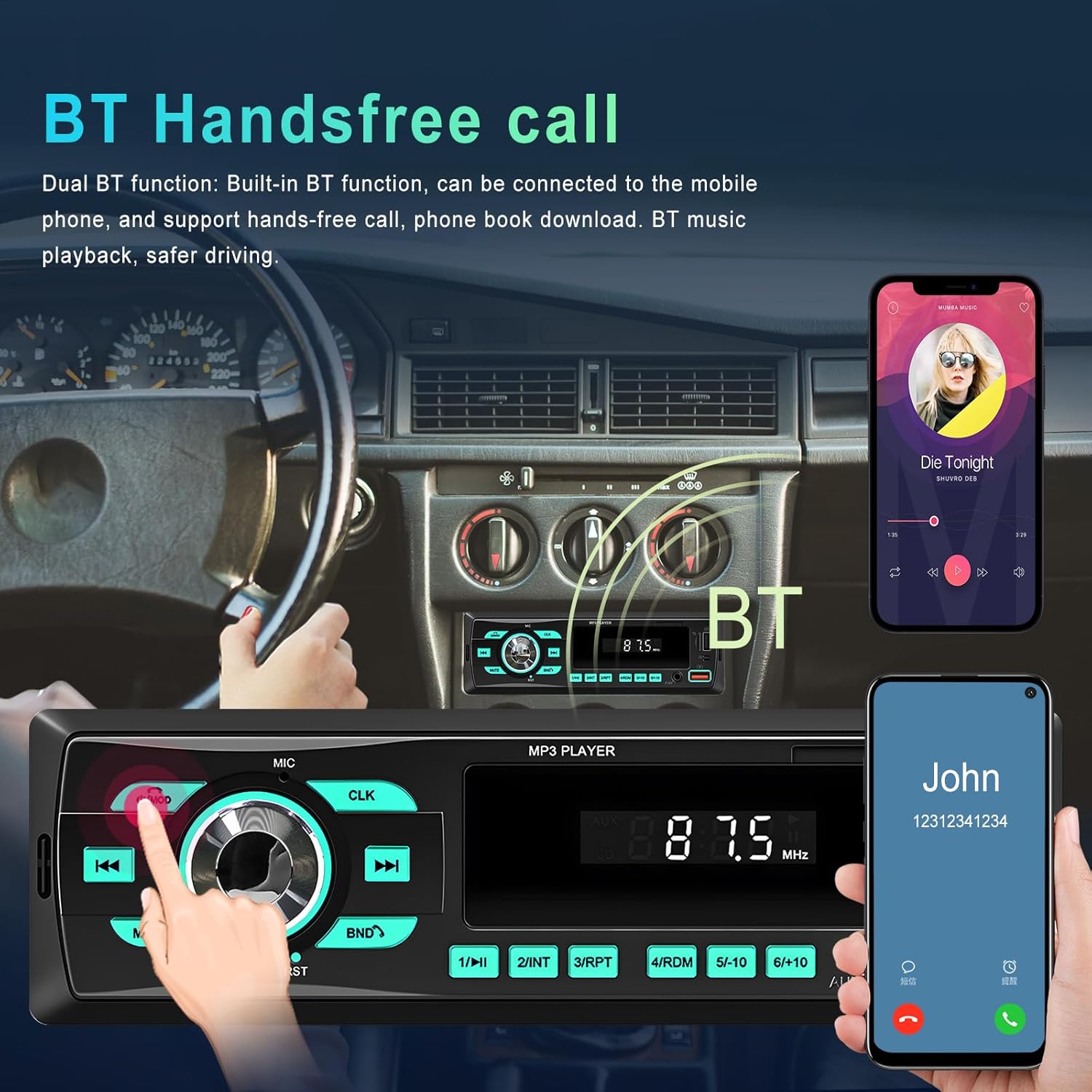 Image showing the car stereo with a phone displaying a Bluetooth call and music playback.