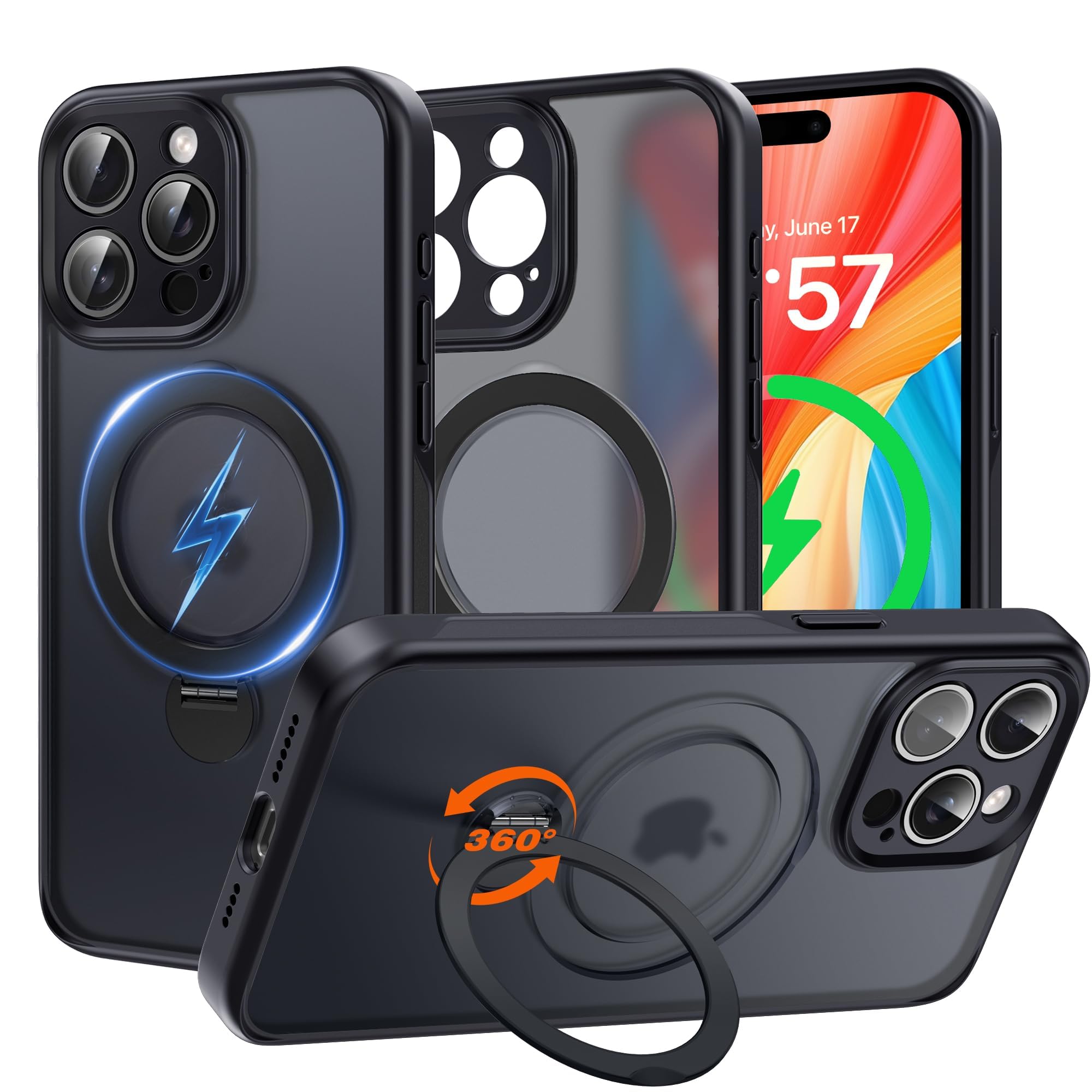 For IPhone 15 Plus Case With 360° Rotatable Ring Stand [Compatible MagSafe] [ Grade Protection] Translucent Matte IPhone 15 Plus Phone Case For Women Men, Black
